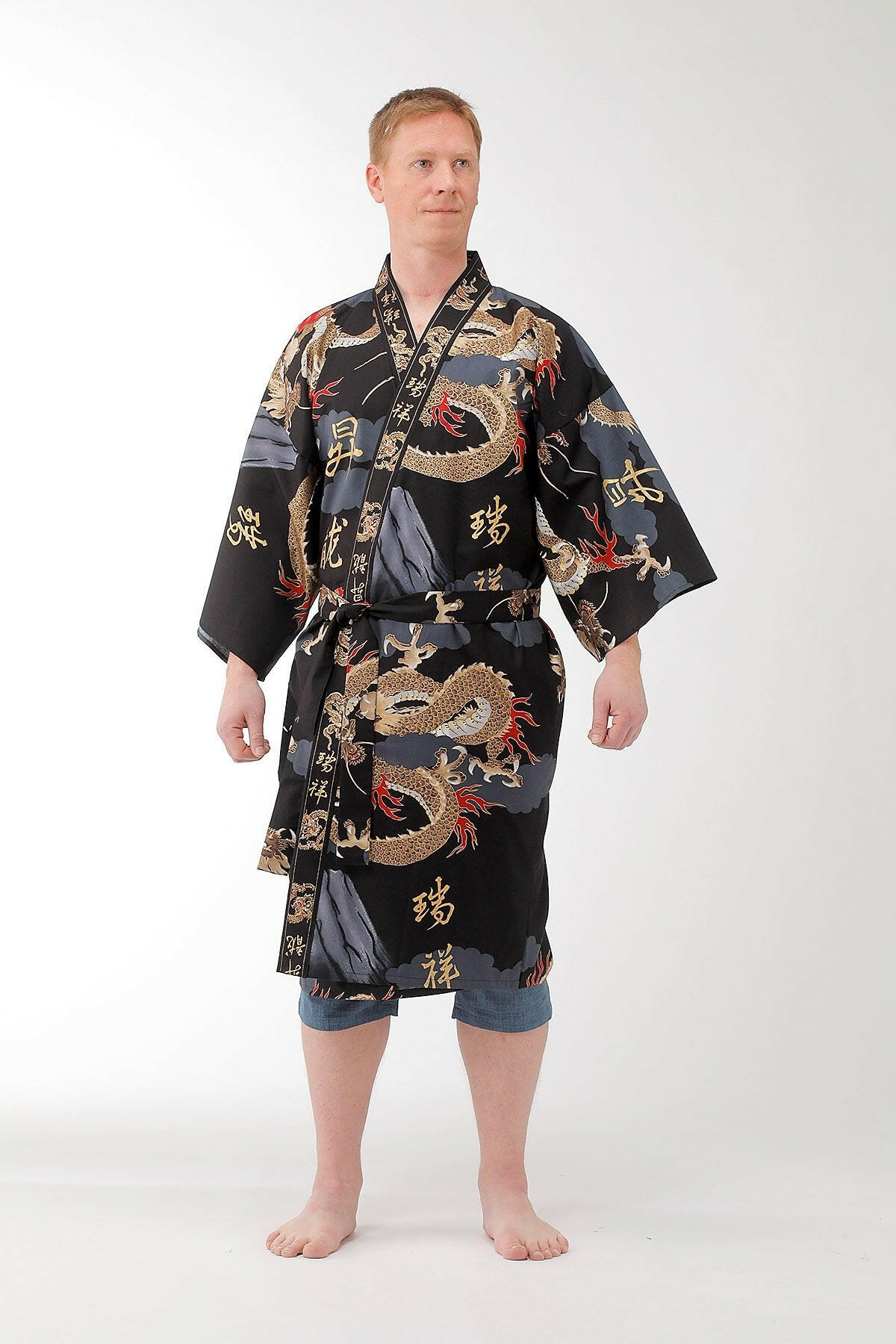 Men Dragon & Mt. Fuji Cotton Short Yukata Kimono Color Black Model Front View