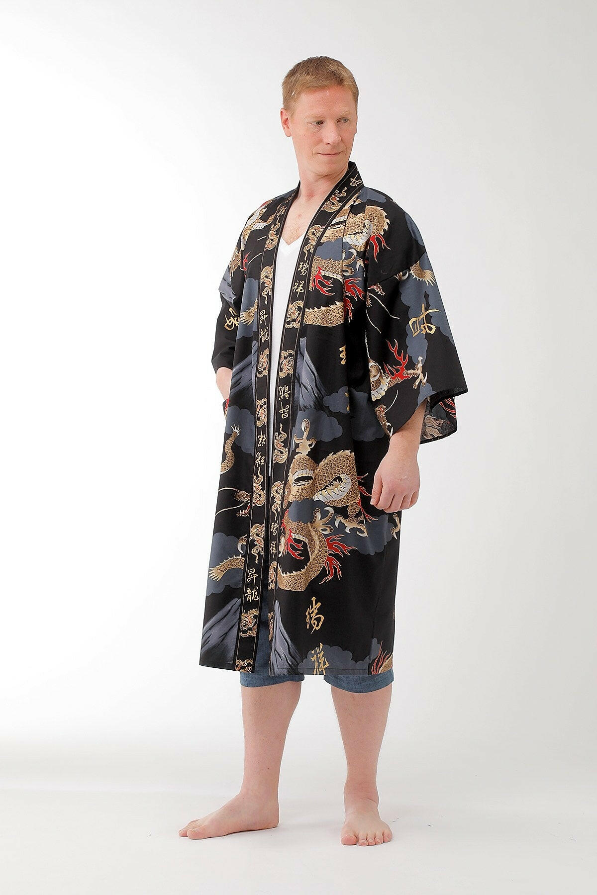 Men Dragon & Mt. Fuji Cotton Short Yukata Kimono Color Black Model Front No Belt View