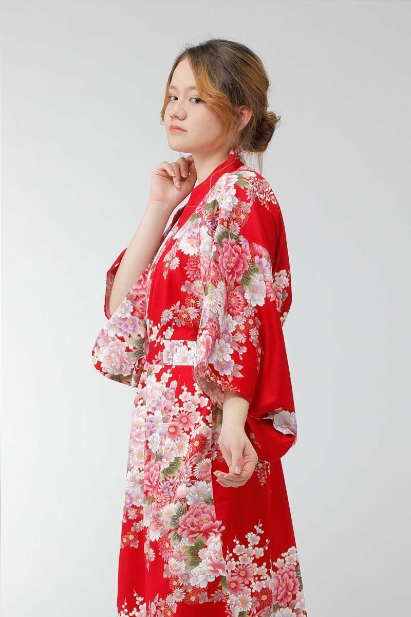 Women Flowers in Bloom Cotton Sateen Short Kimono Color Red Model Side View