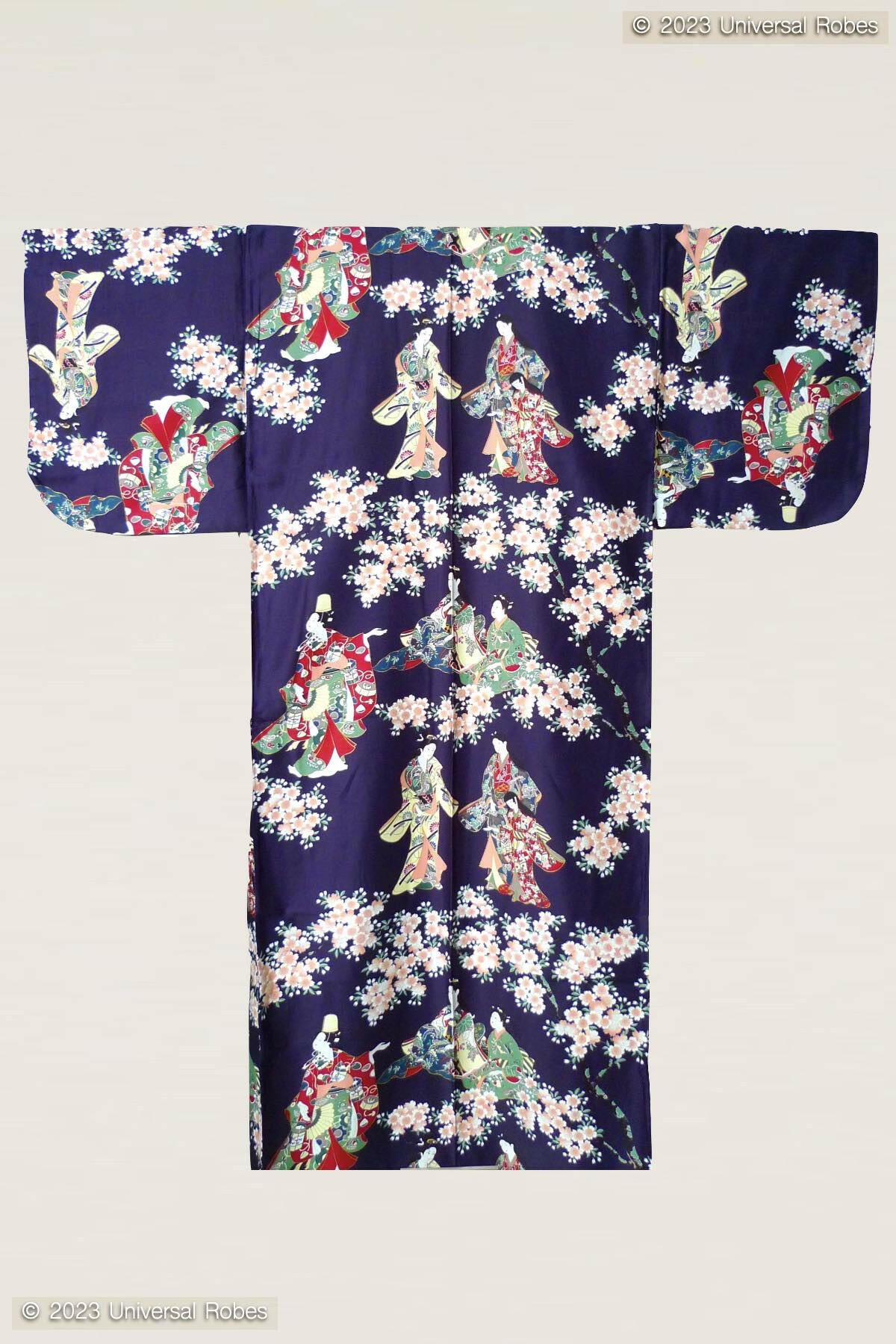 Women Flower Viewing Cotton Sateen Kimono Color Navy Product Whole View