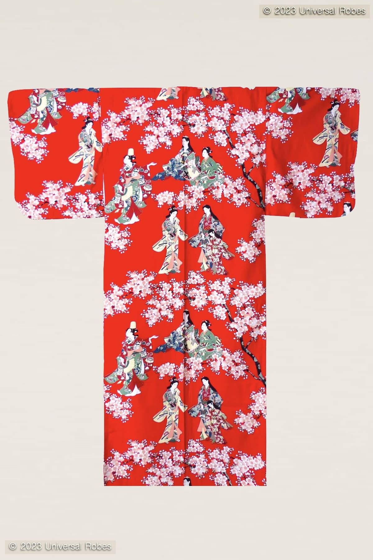 Women Flower Viewing Cotton Sateen Kimono Color Red Product Whole View