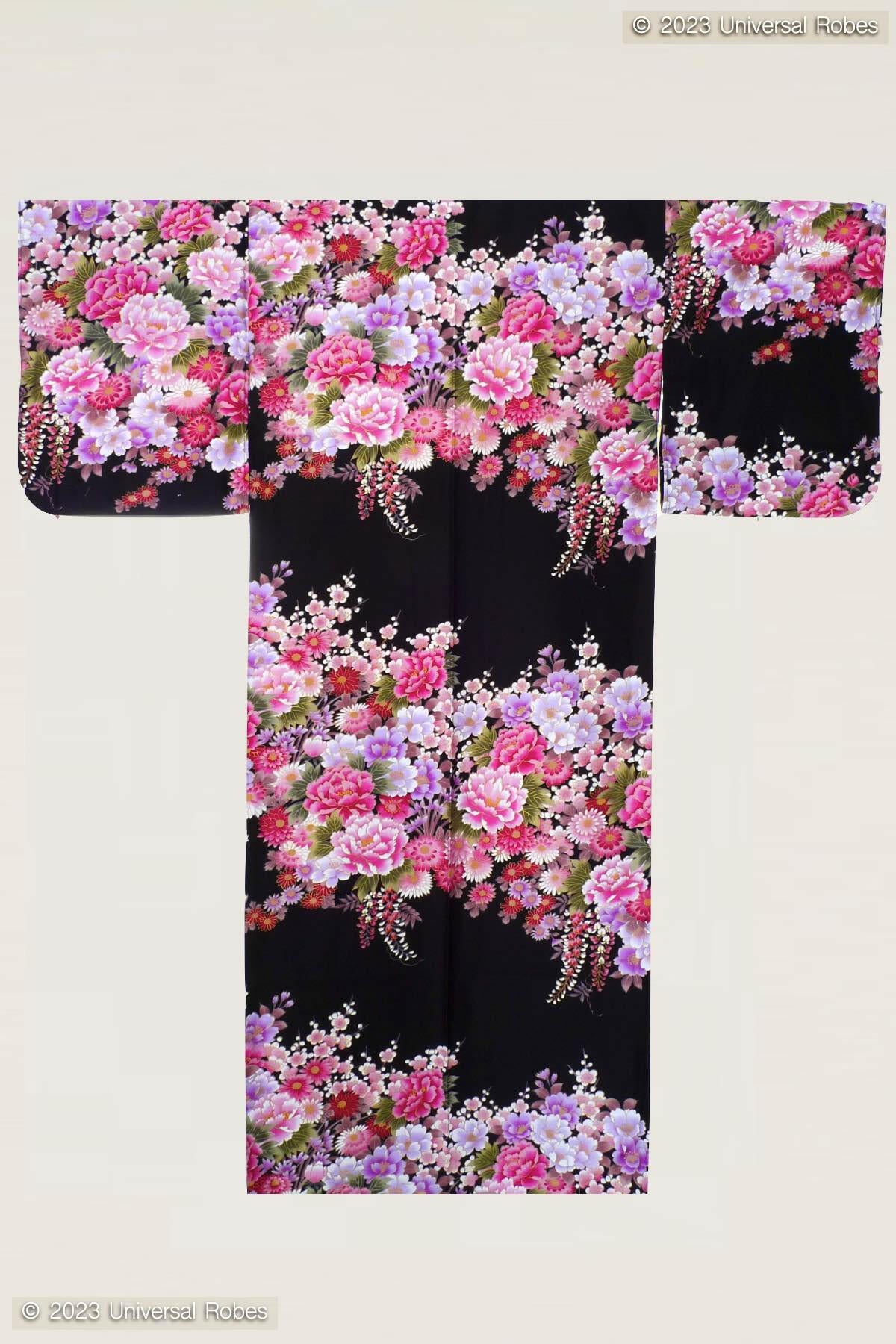 Women Flowers in Bloom Cotton Sateen Kimono Color Black Product Whole View
