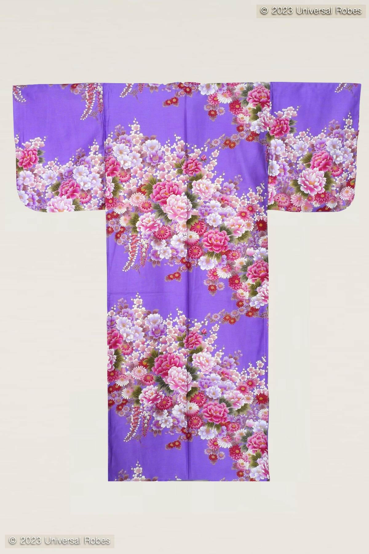 Women Flowers in Bloom Cotton Sateen Kimono Color Purple Product Whole View