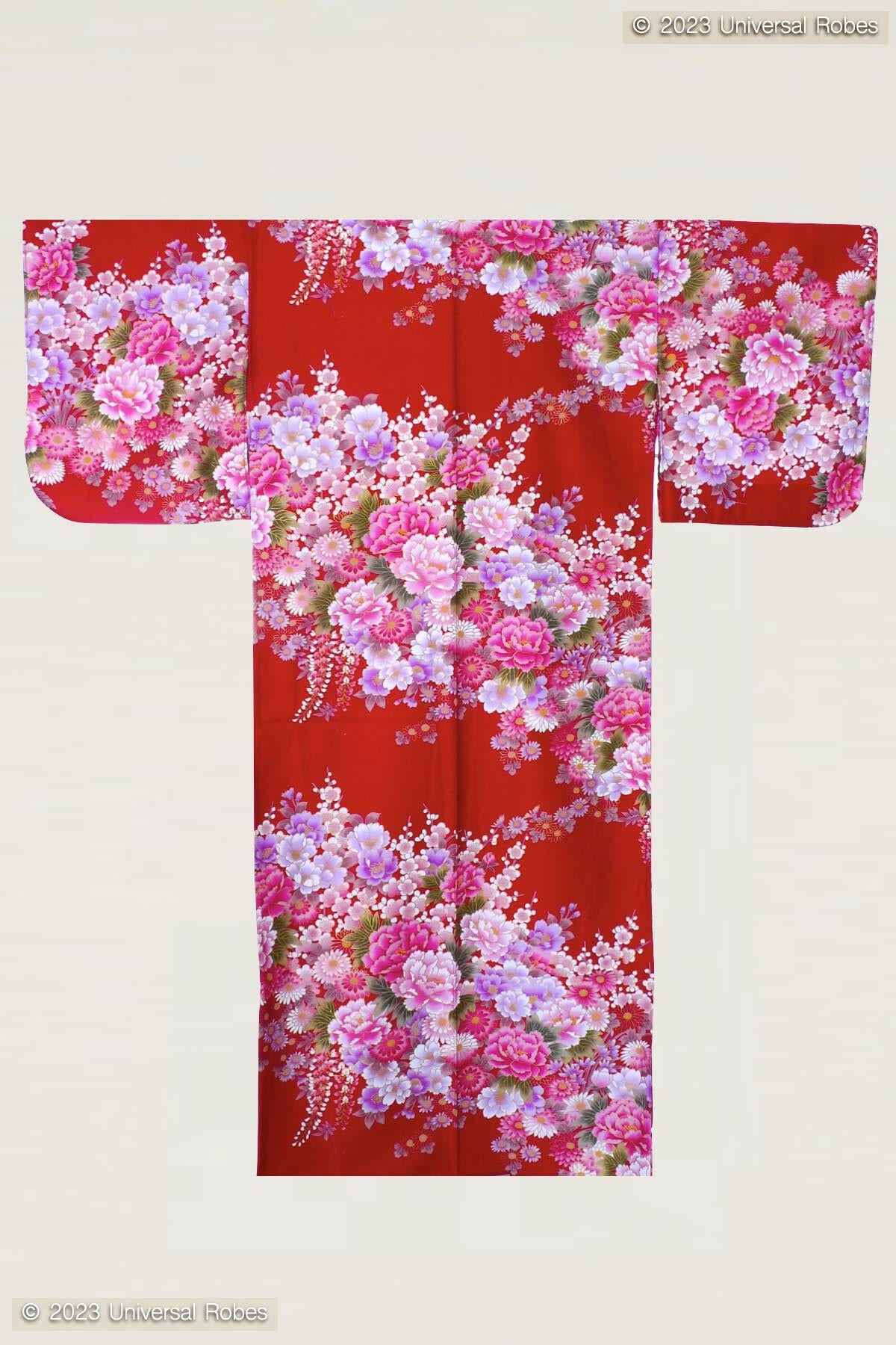 Women Flowers in Bloom Cotton Sateen Kimono Color Red Product Whole View