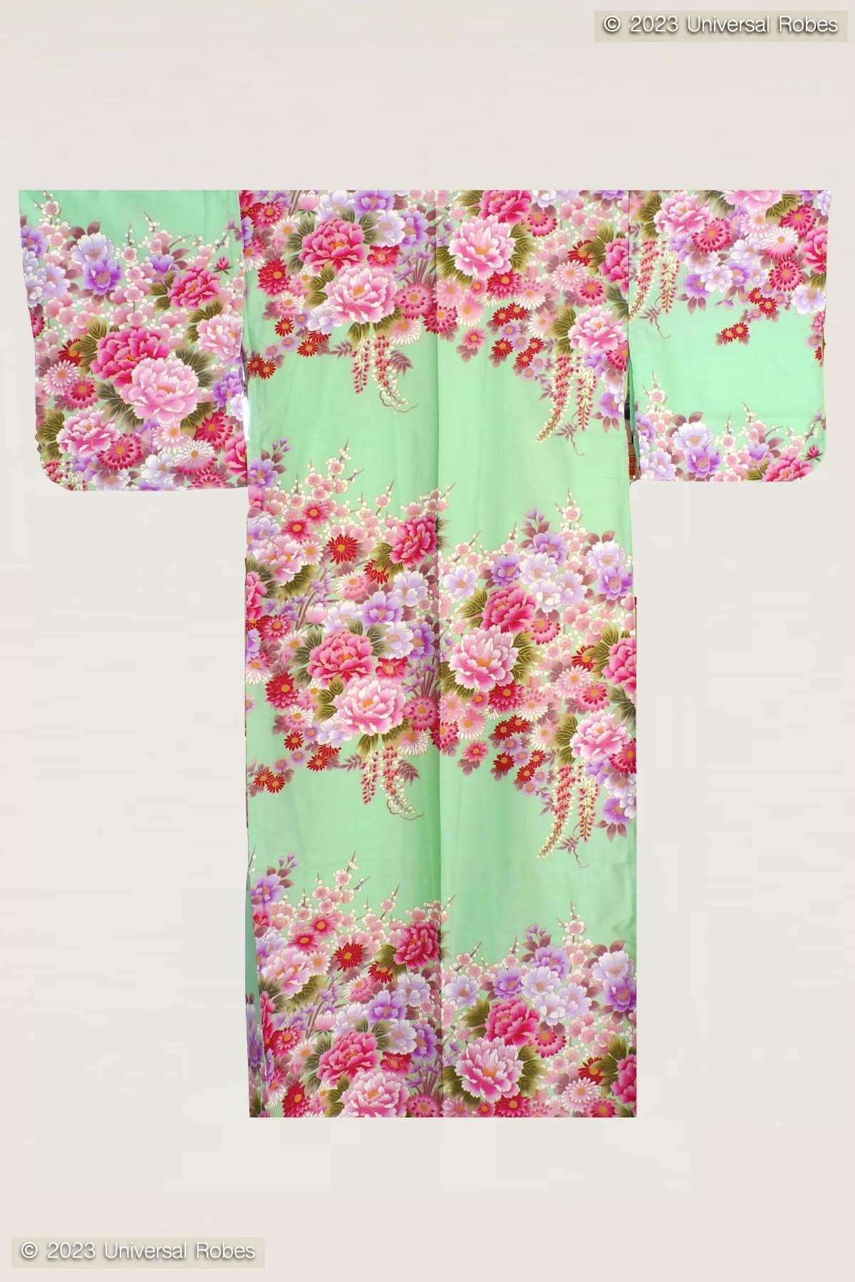 Women Flowers in Bloom Cotton Sateen Kimono Color Turquoise Product Whole View