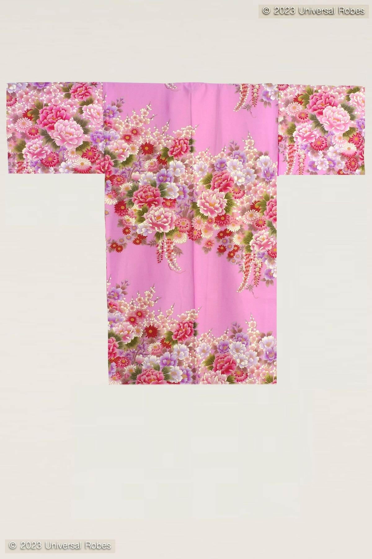 Women Flowers in Bloom Cotton Sateen Short Kimono Color Pink Product Whole View