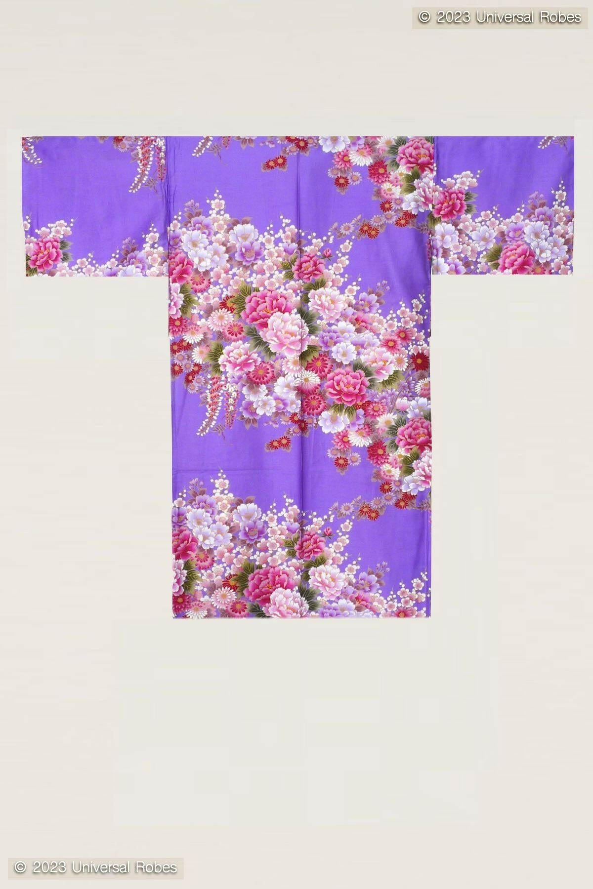 Women Flowers in Bloom Cotton Sateen Short Kimono Color Purple Product Whole View
