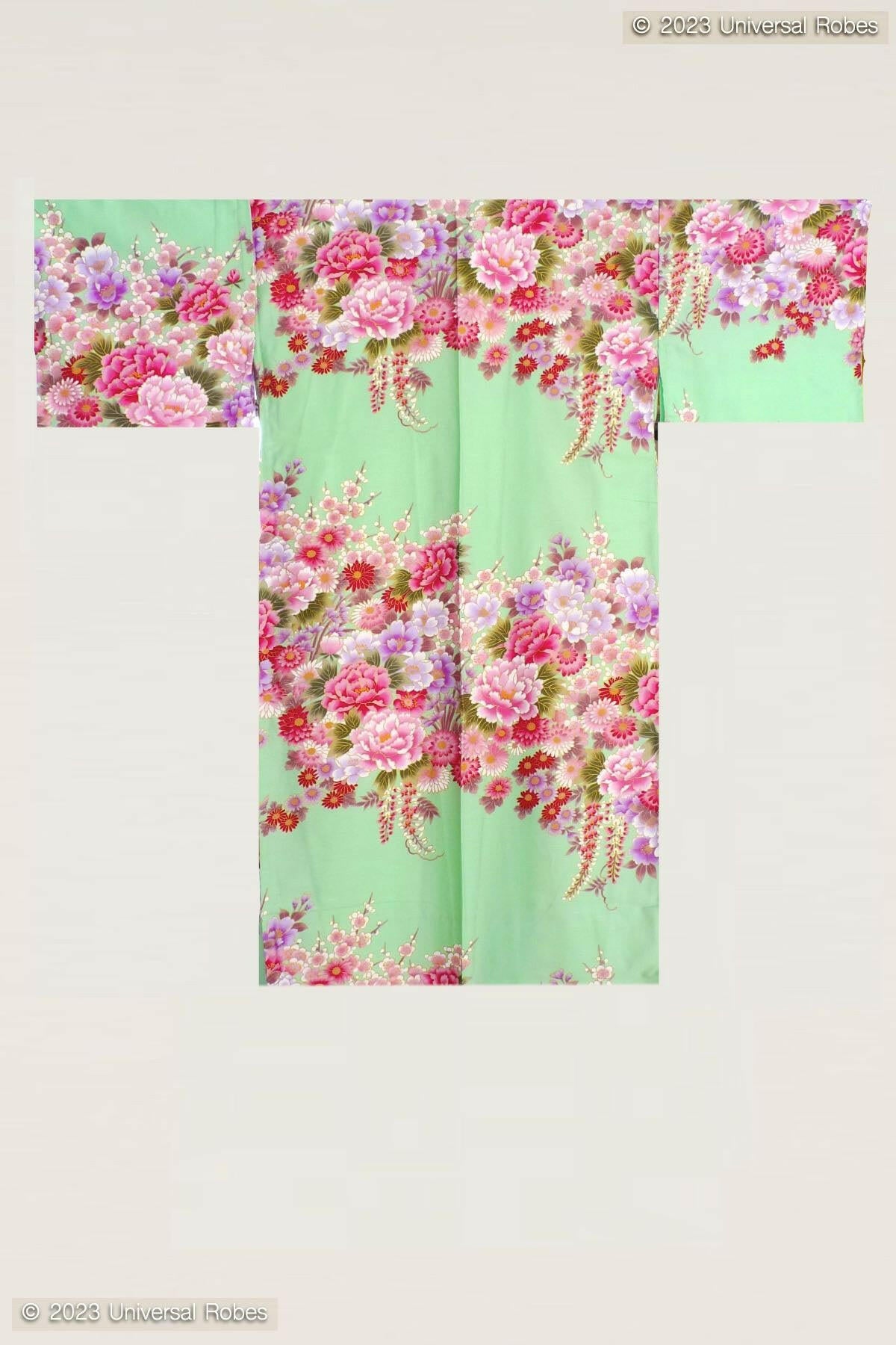 Women Flowers in Bloom Cotton Sateen Short Kimono Color Turquoise Product Whole View