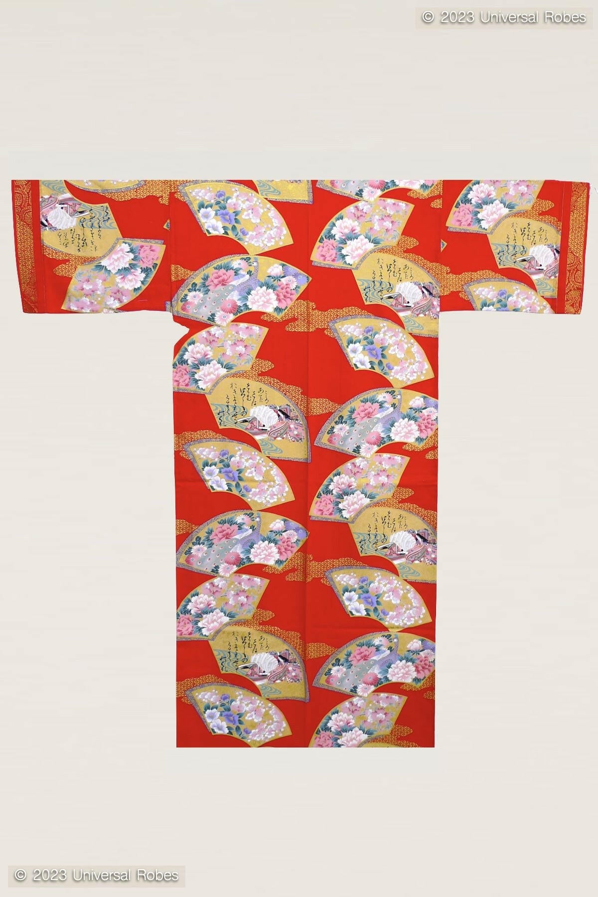 Women Flowers in Folding Fans Cotton Sateen Kimono Color Red Product Whole View