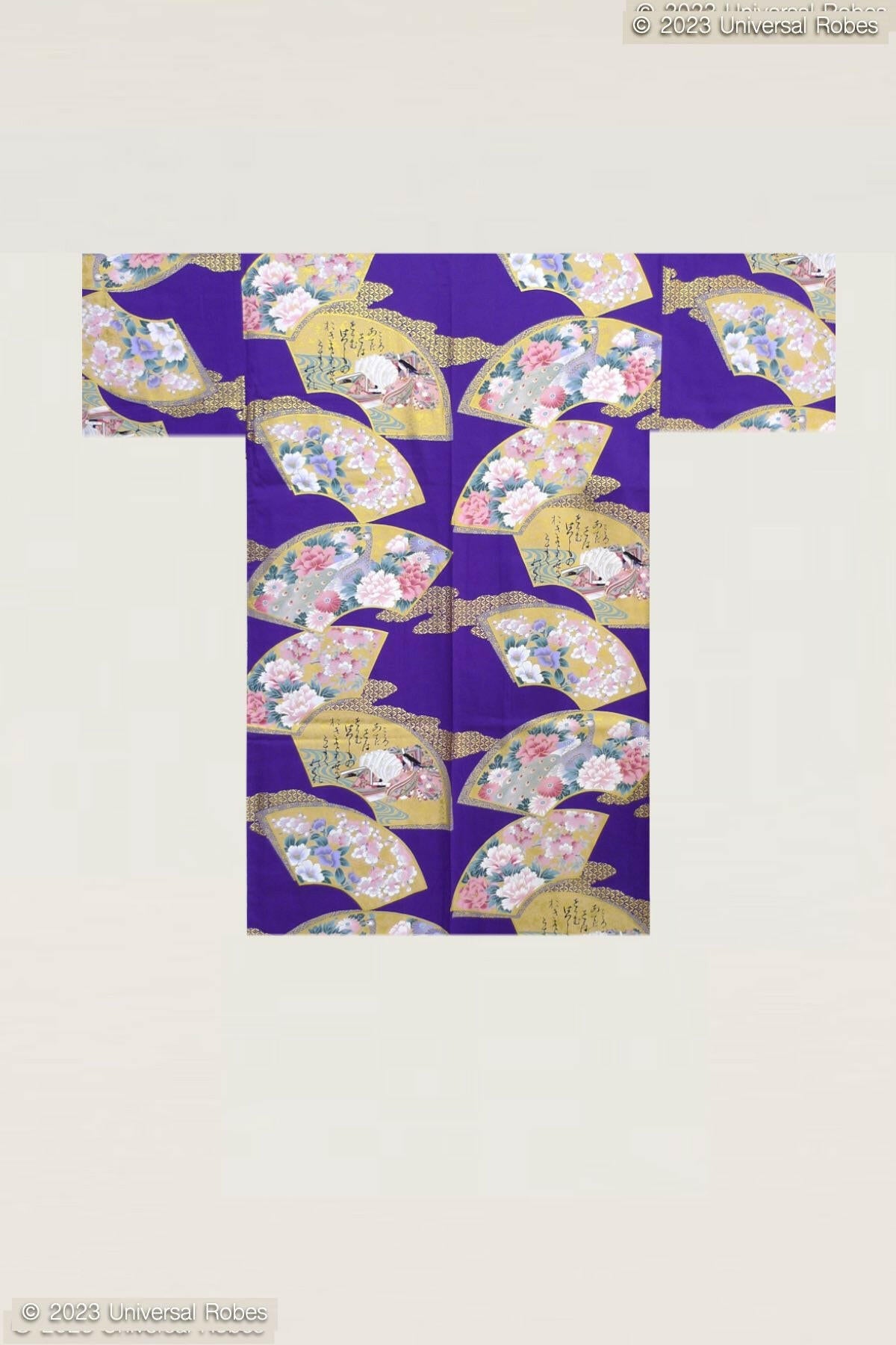 Women Flowers in Folding Fans Cotton Sateen Short Kimono Color Purple Product Whole View