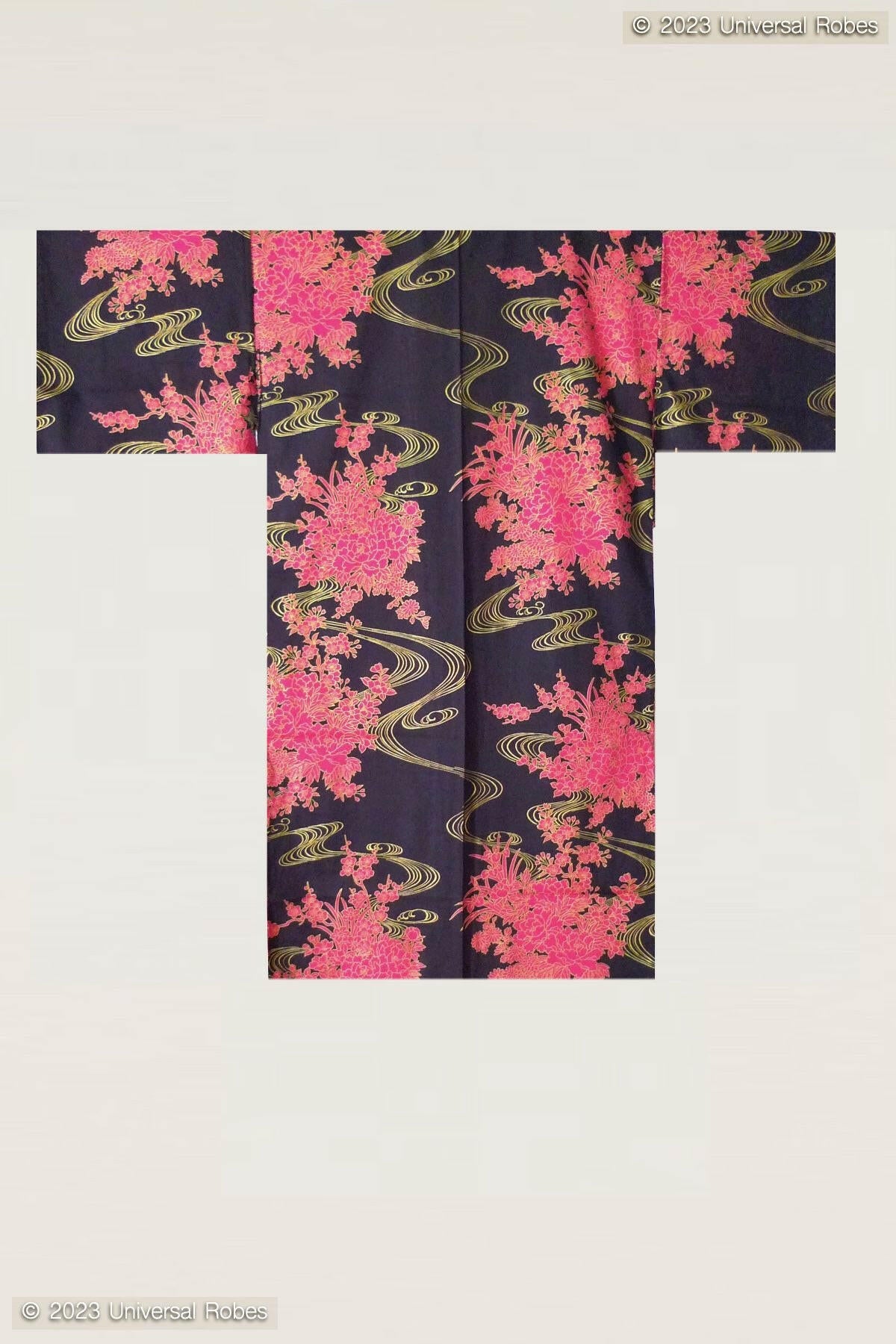Women Flowing Peony Cotton Short Yukata Kimono Color Black Product Whole View