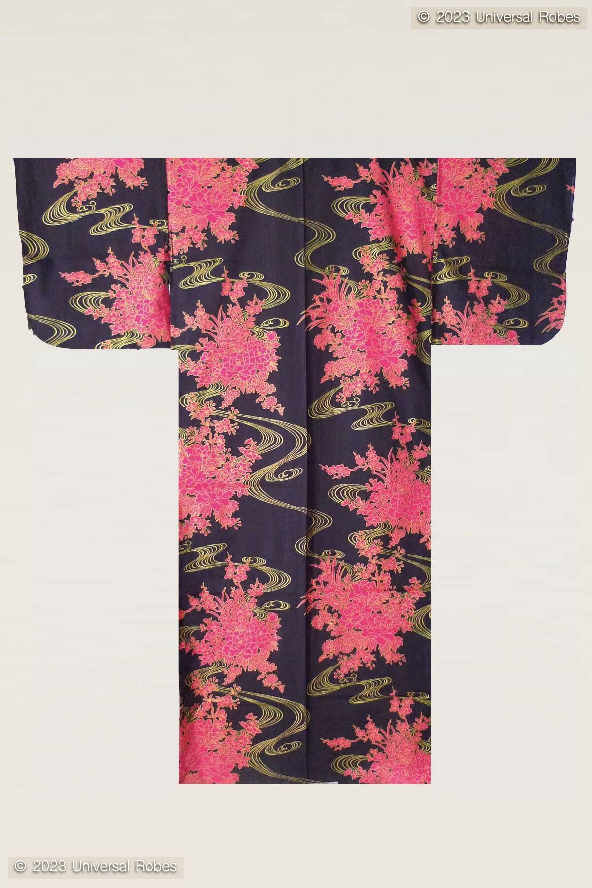 Women Flowing Peony Cotton Yukata Kimono Color Black Product Whole View