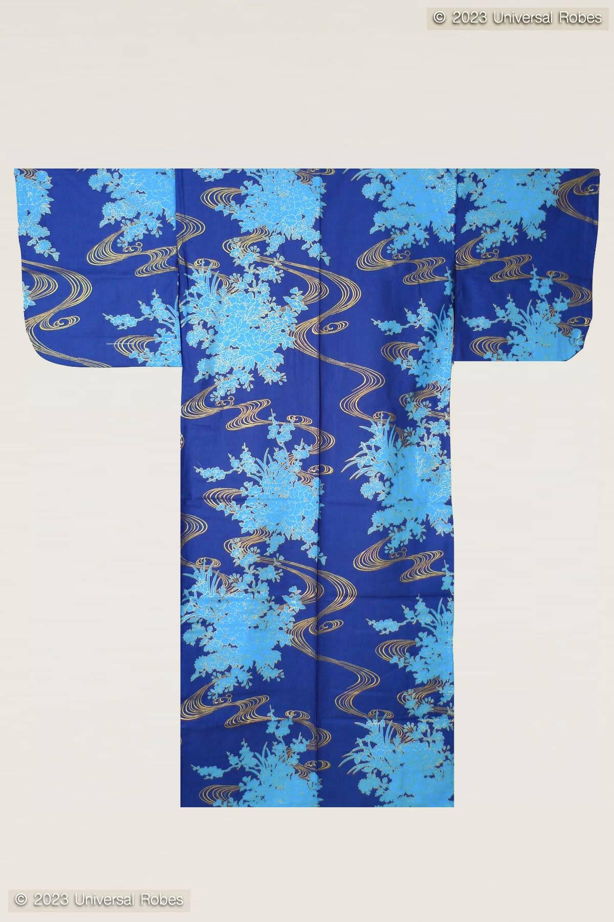 Women Flowing Peony Cotton Yukata Kimono Color Blue Product Whole View