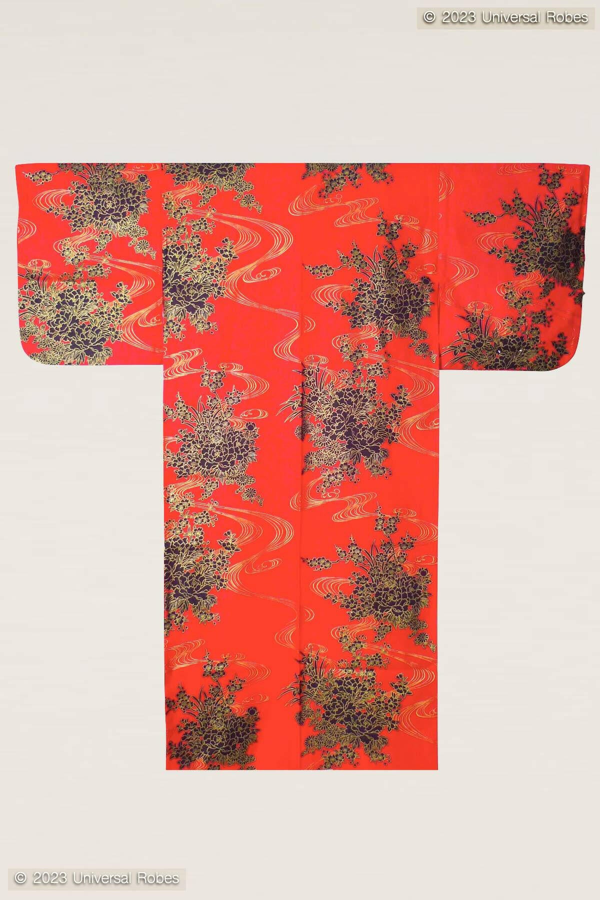 Women Flowing Peony Cotton Yukata Kimono Color Red Product Whole View