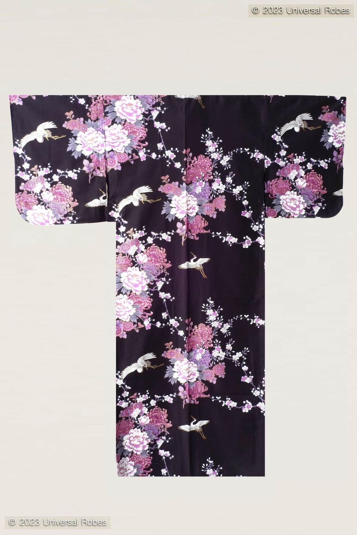 Women Flying Crane & Peony Cotton Sateen Kimono Color Black Product Whole View