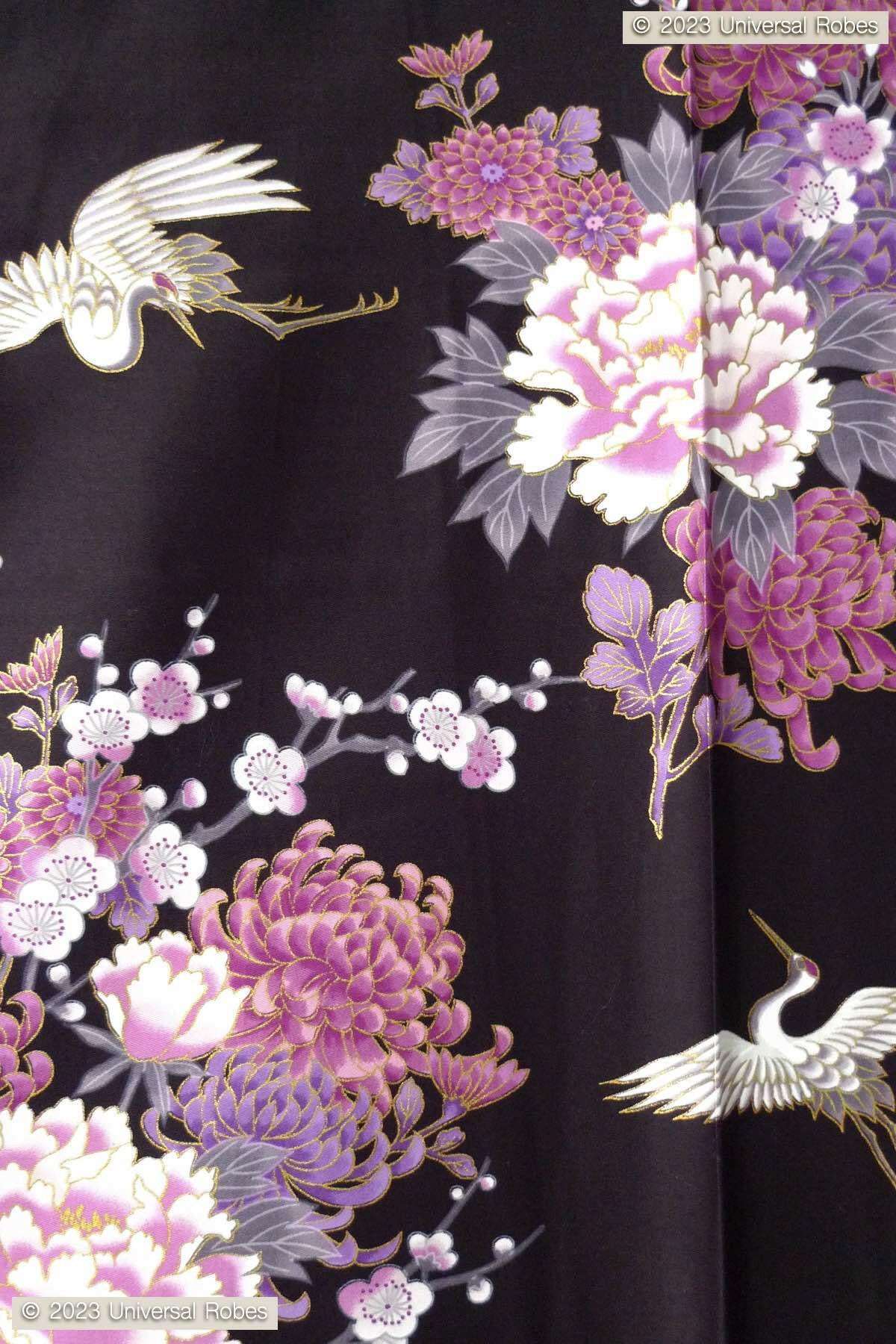 Women Flying Crane & Peony Cotton Sateen Kimono Color Black Product Zoom View