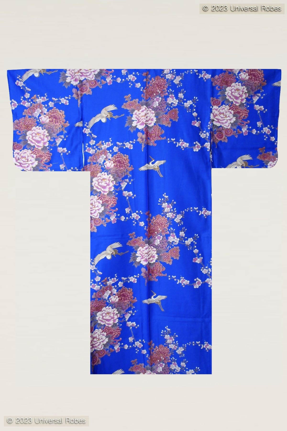 Women Flying Crane & Peony Cotton Sateen Kimono Color Blue Product Whole View
