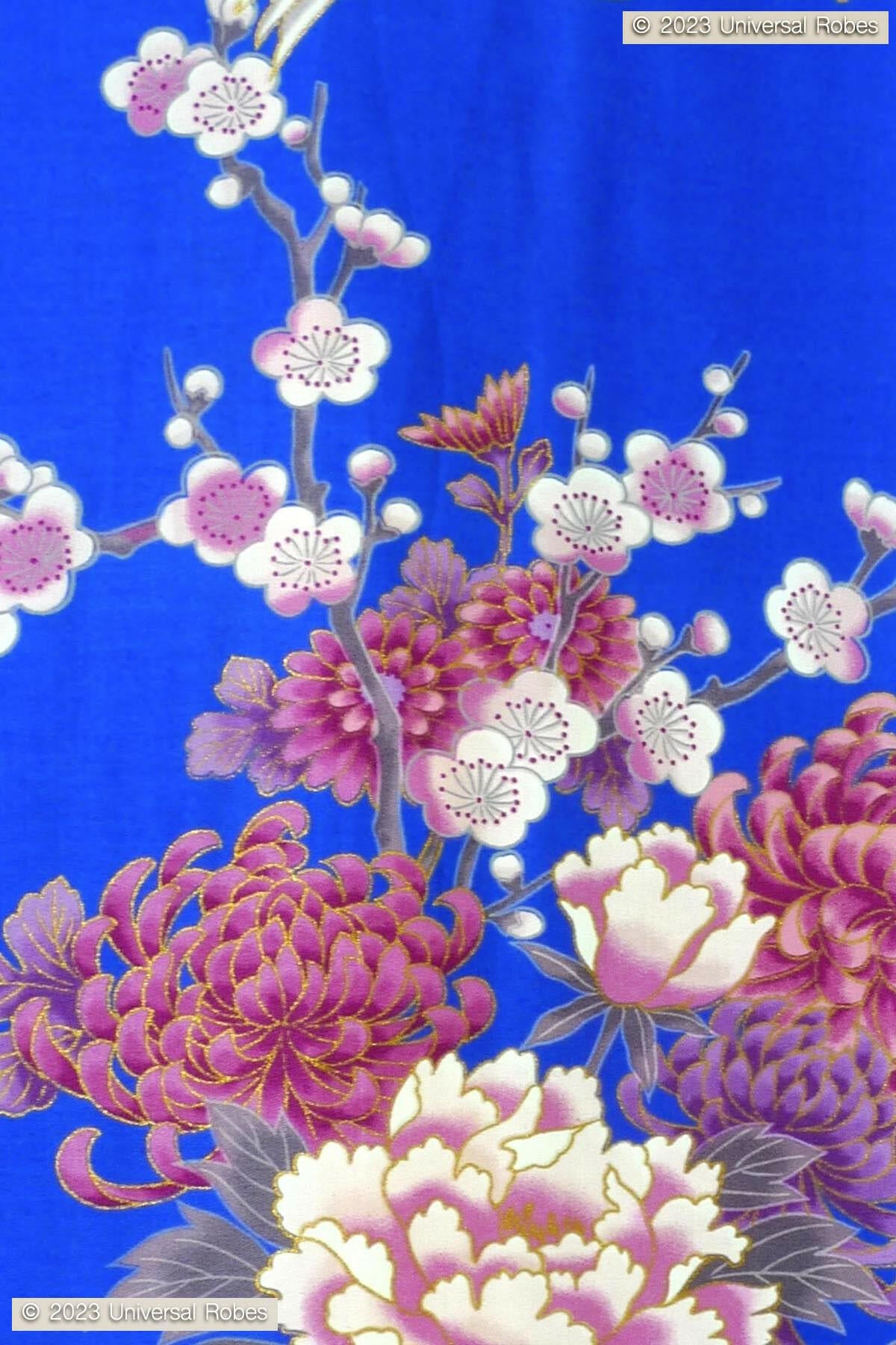 Women Flying Crane & Peony Cotton Sateen Kimono Color Blue Product Zoom View