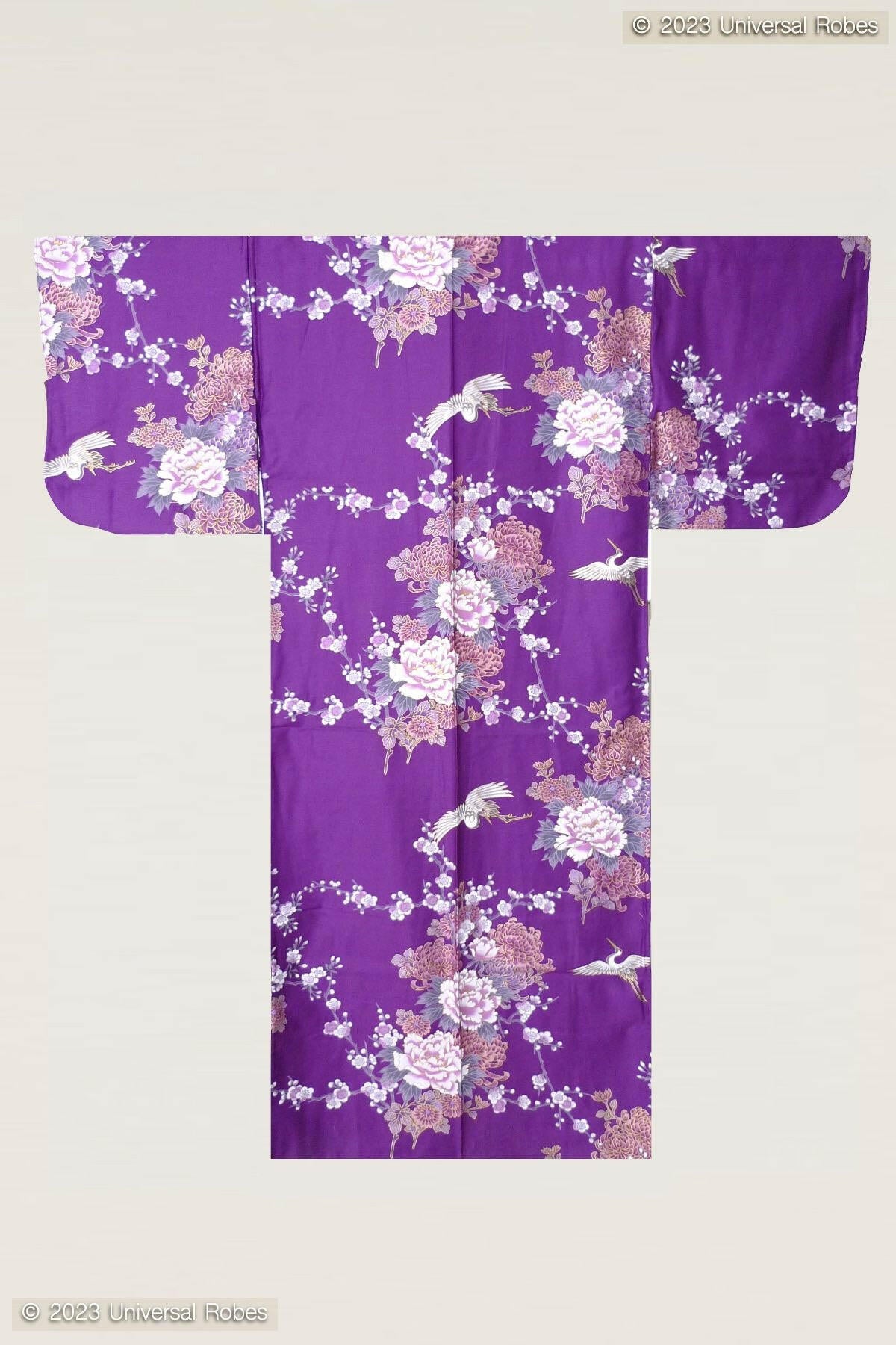 Women Flying Crane & Peony Cotton Sateen Kimono Color Purple Product Whole View