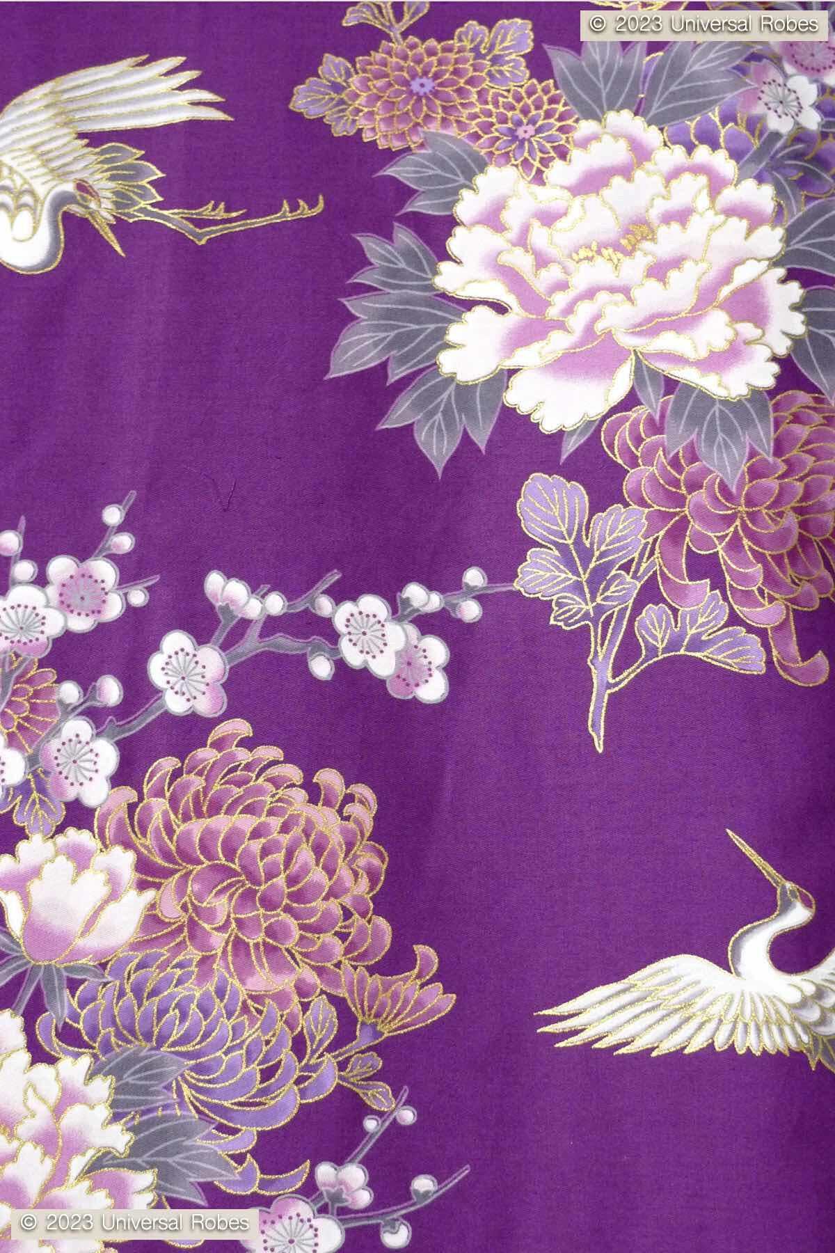 Women Flying Crane & Peony Cotton Sateen Kimono Color Purple Product Zoom View