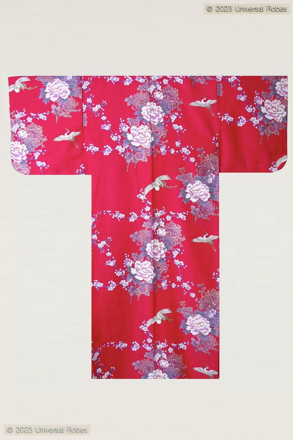 Women Flying Crane & Peony Cotton Sateen Kimono Color Red Product Whole View