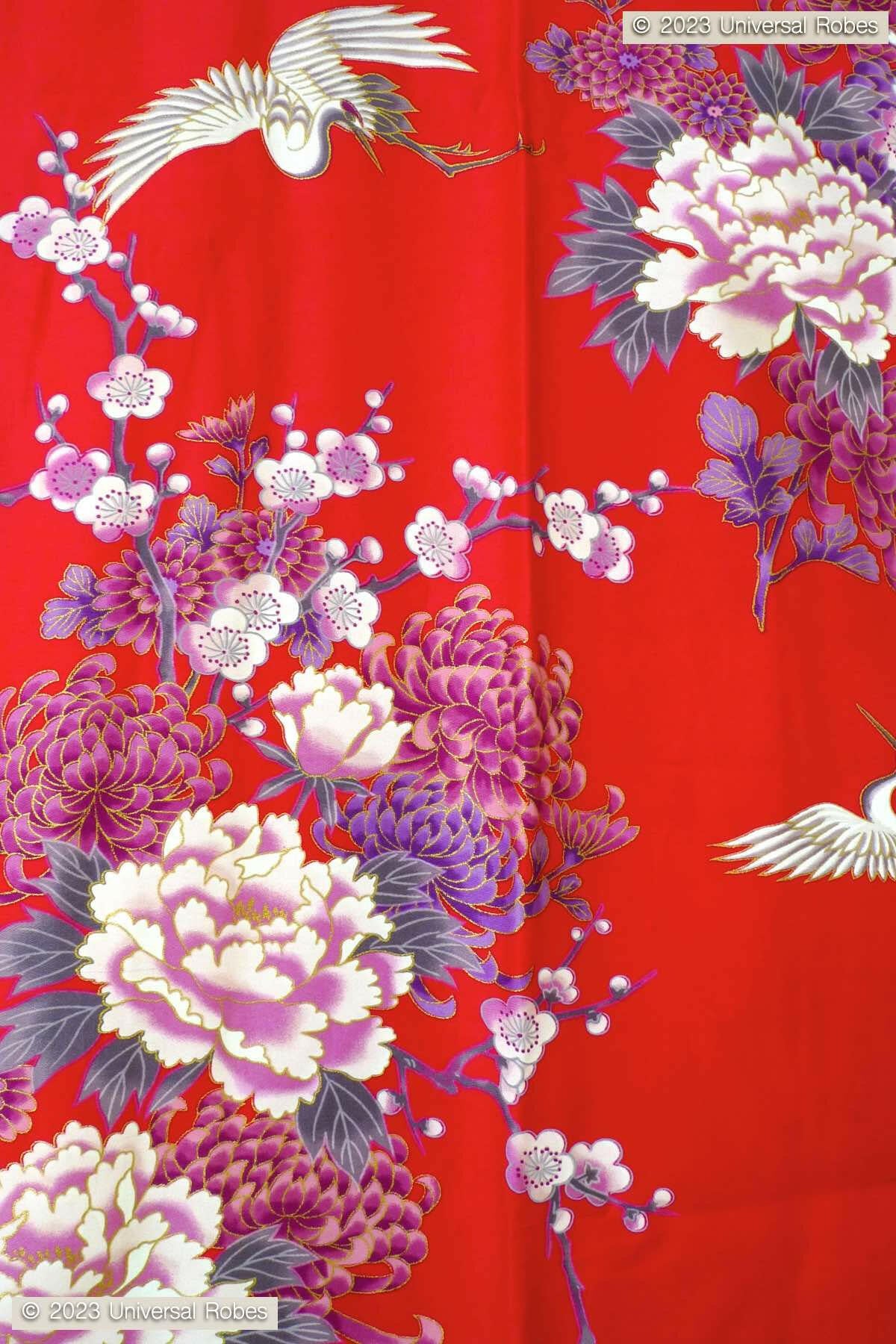 Women Flying Crane & Peony Cotton Sateen Kimono Color Red Product Zoom View