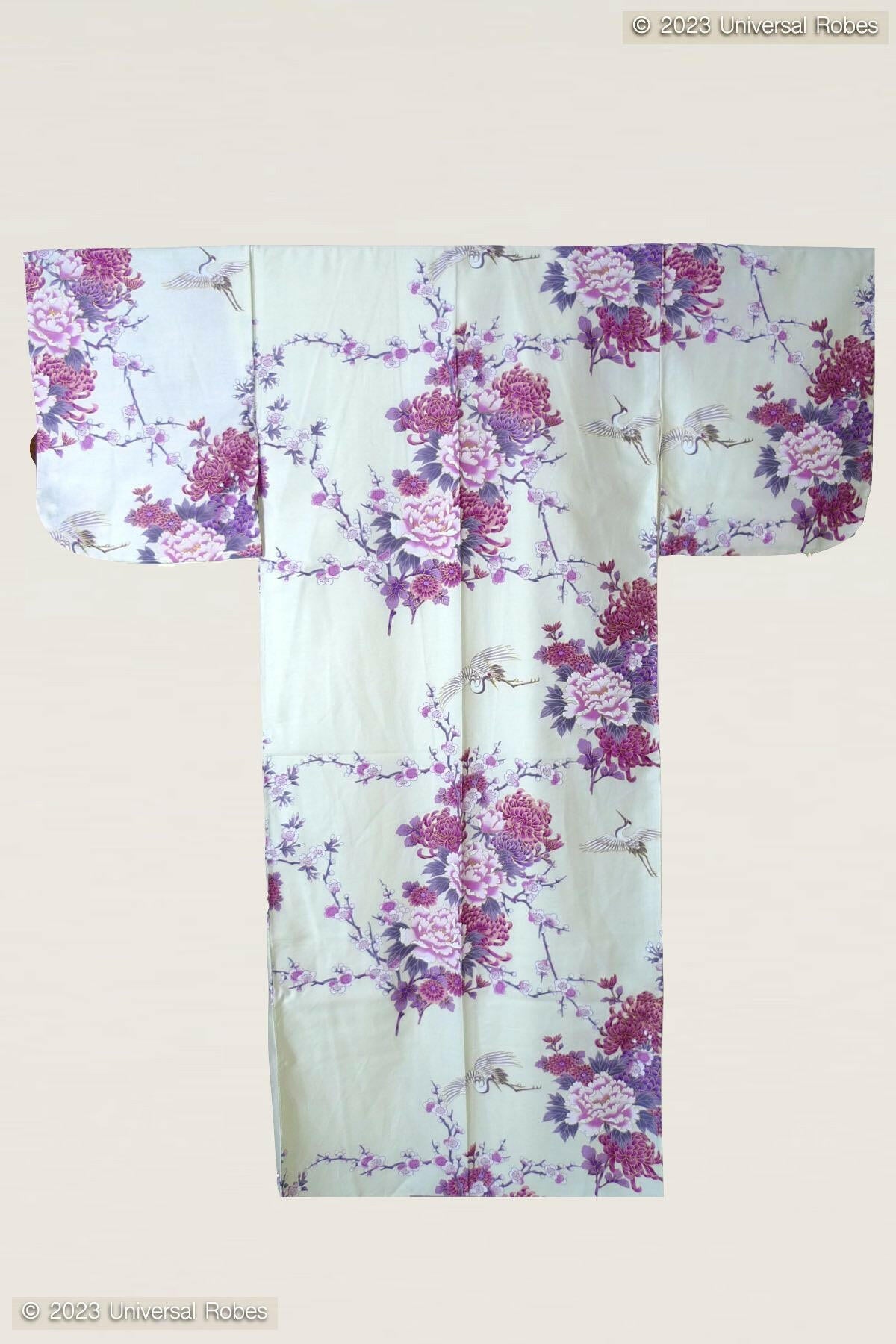 Women Flying Crane & Peony Cotton Sateen Kimono Color White Product Whole View