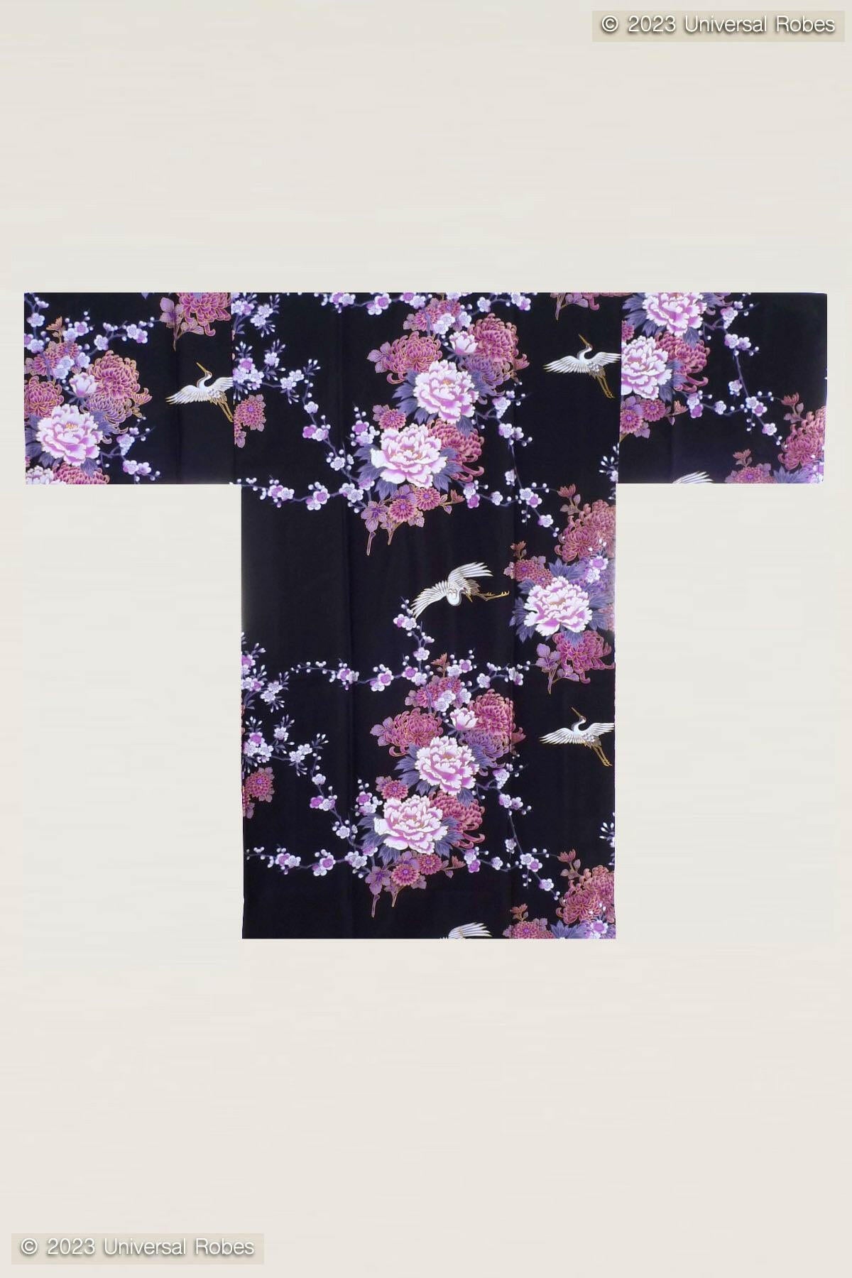 Women Flying Crane & Peony Cotton Sateen Short Kimono Color Black Product Whole View