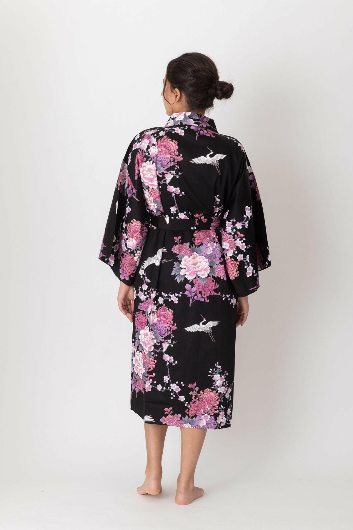 Women Flying Crane & Peony Cotton Sateen Short Kimono Color Black Model Rear View