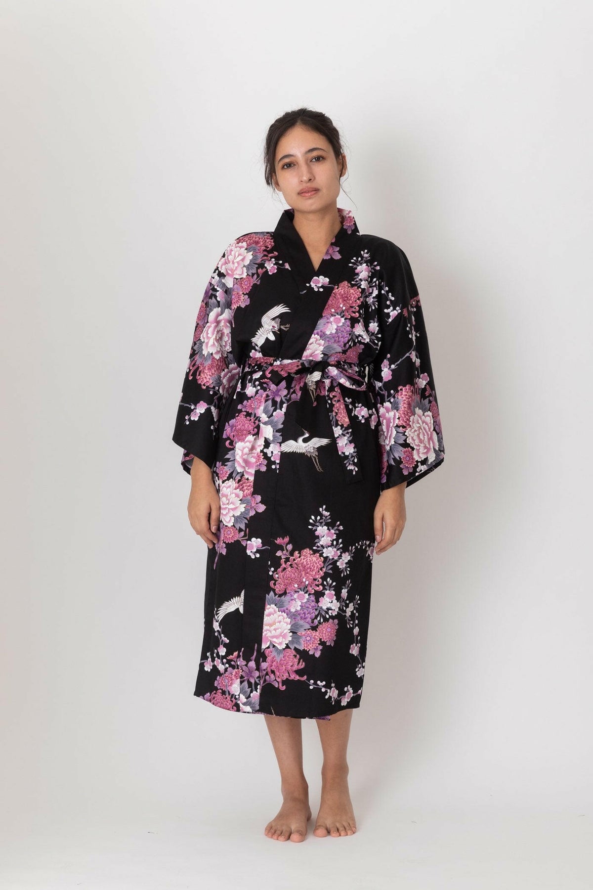 Women Flying Crane & Peony Cotton Sateen Short Kimono Color Black Model Front View