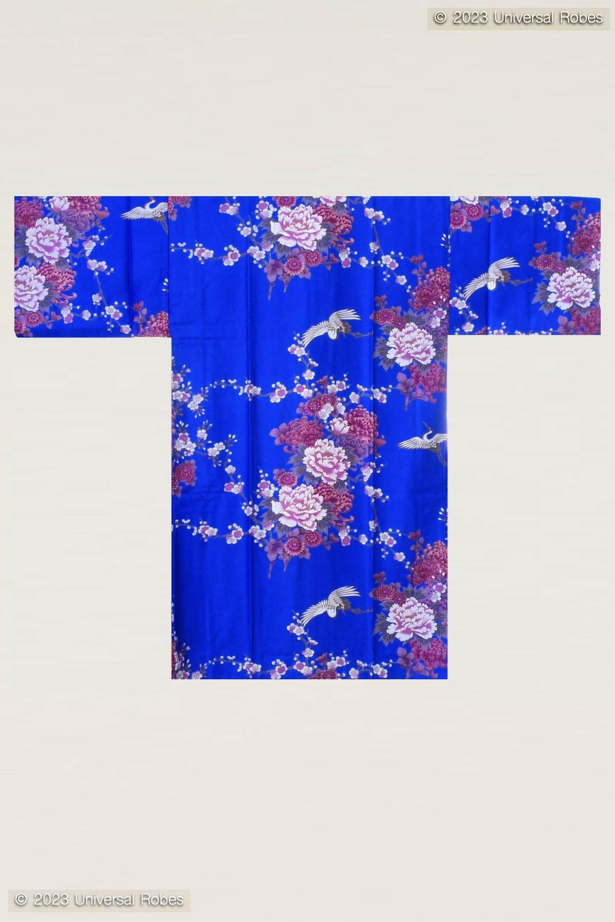 Women Flying Crane & Peony Cotton Sateen Short Kimono Color Blue Product Whole View