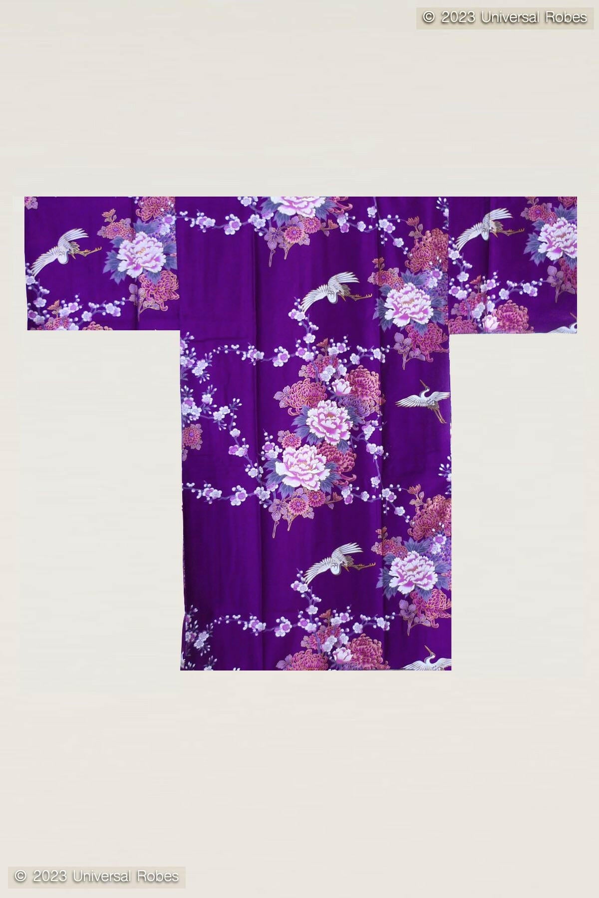 Women Flying Crane & Peony Cotton Sateen Short Kimono Color Purple Product Whole View