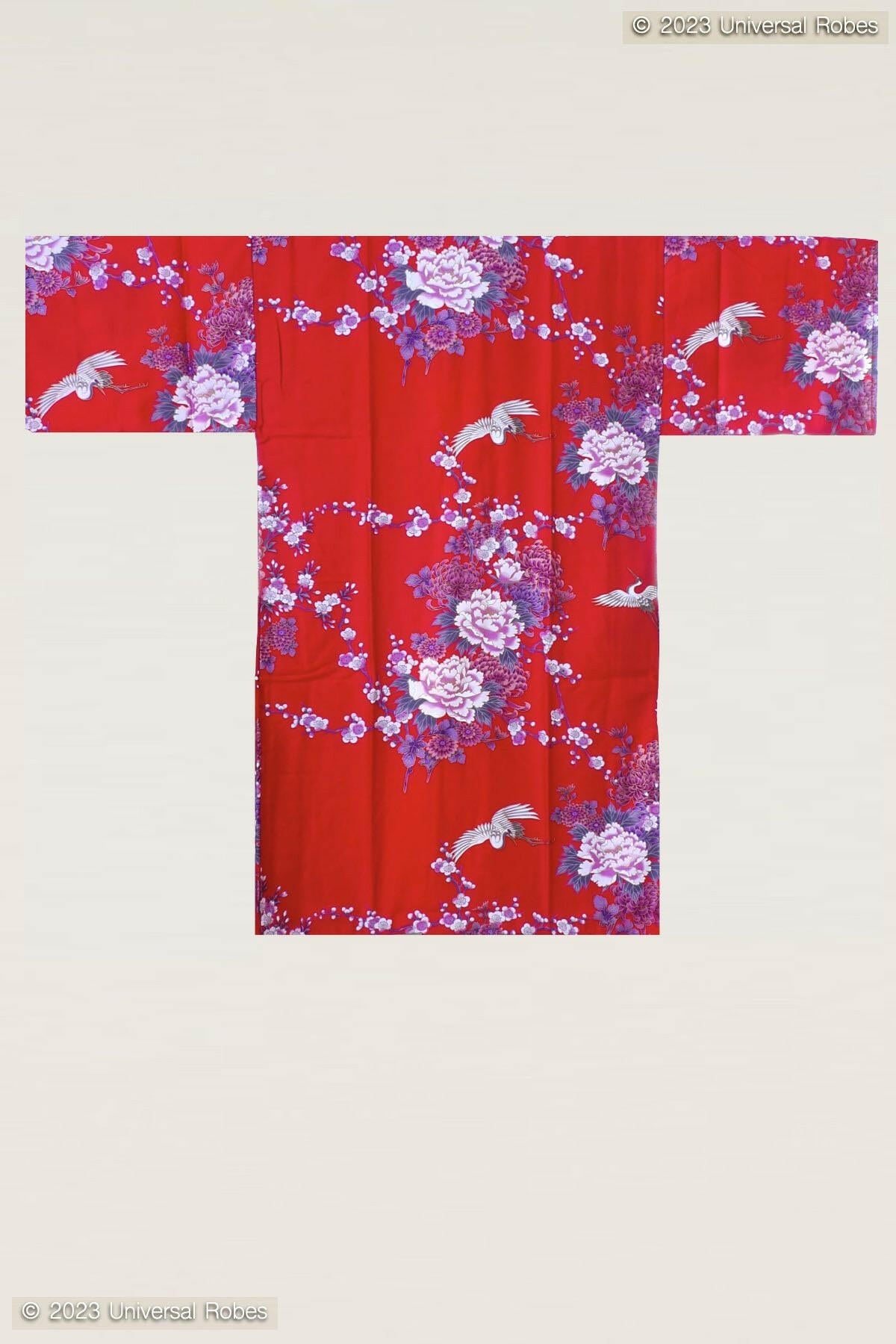 Women Flying Crane & Peony Cotton Sateen Short Kimono Color Red Product Whole View