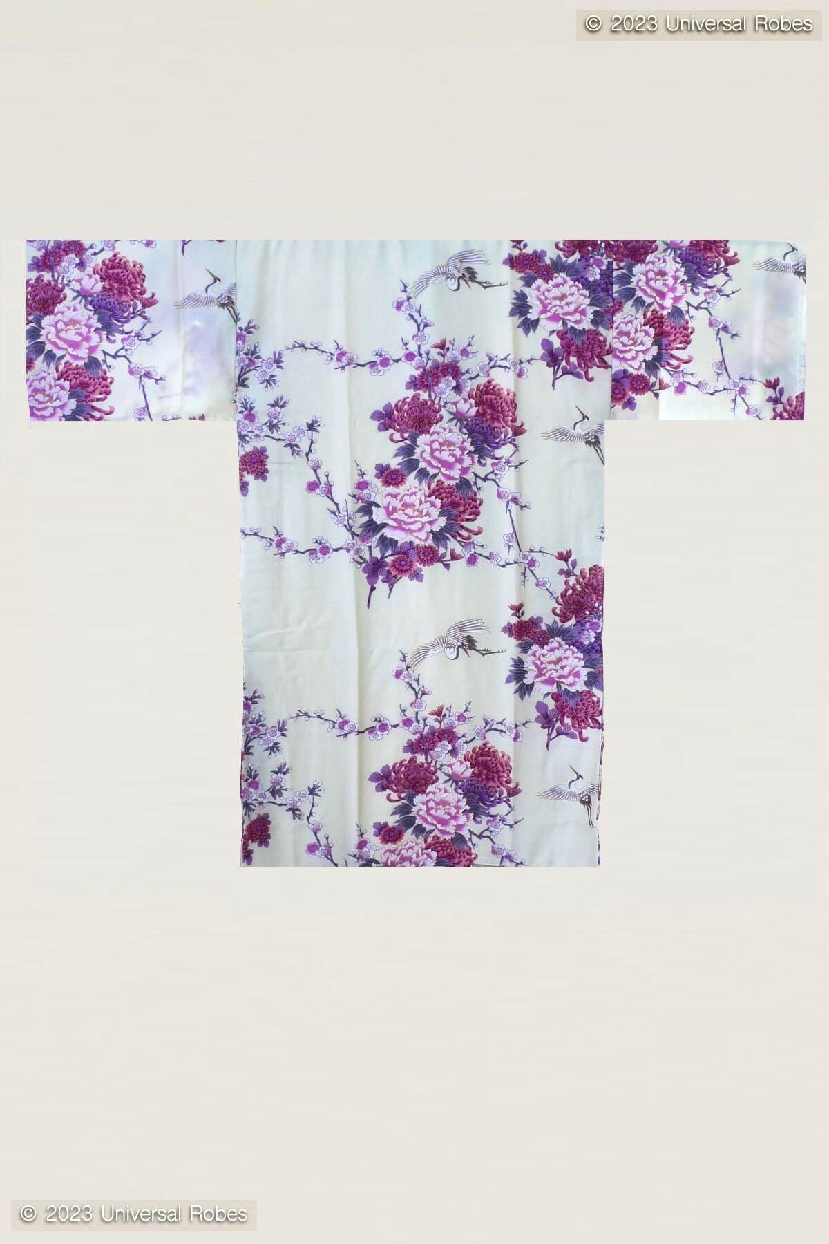 Women Flying Crane & Peony Cotton Sateen Short Kimono Color White Product Whole View