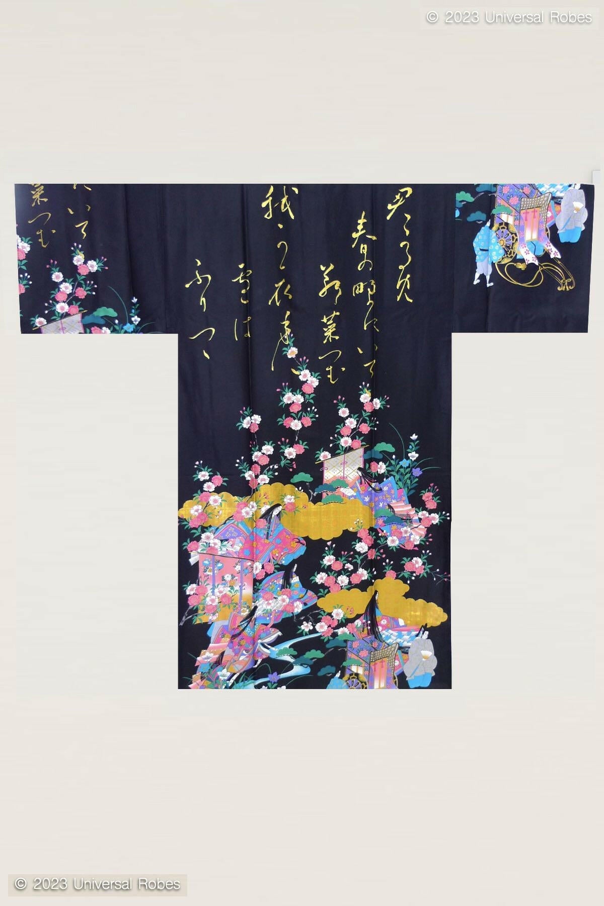 Women Gilt Poem & Princess Cotton Sateen Short Kimono Color Black Product Whole View