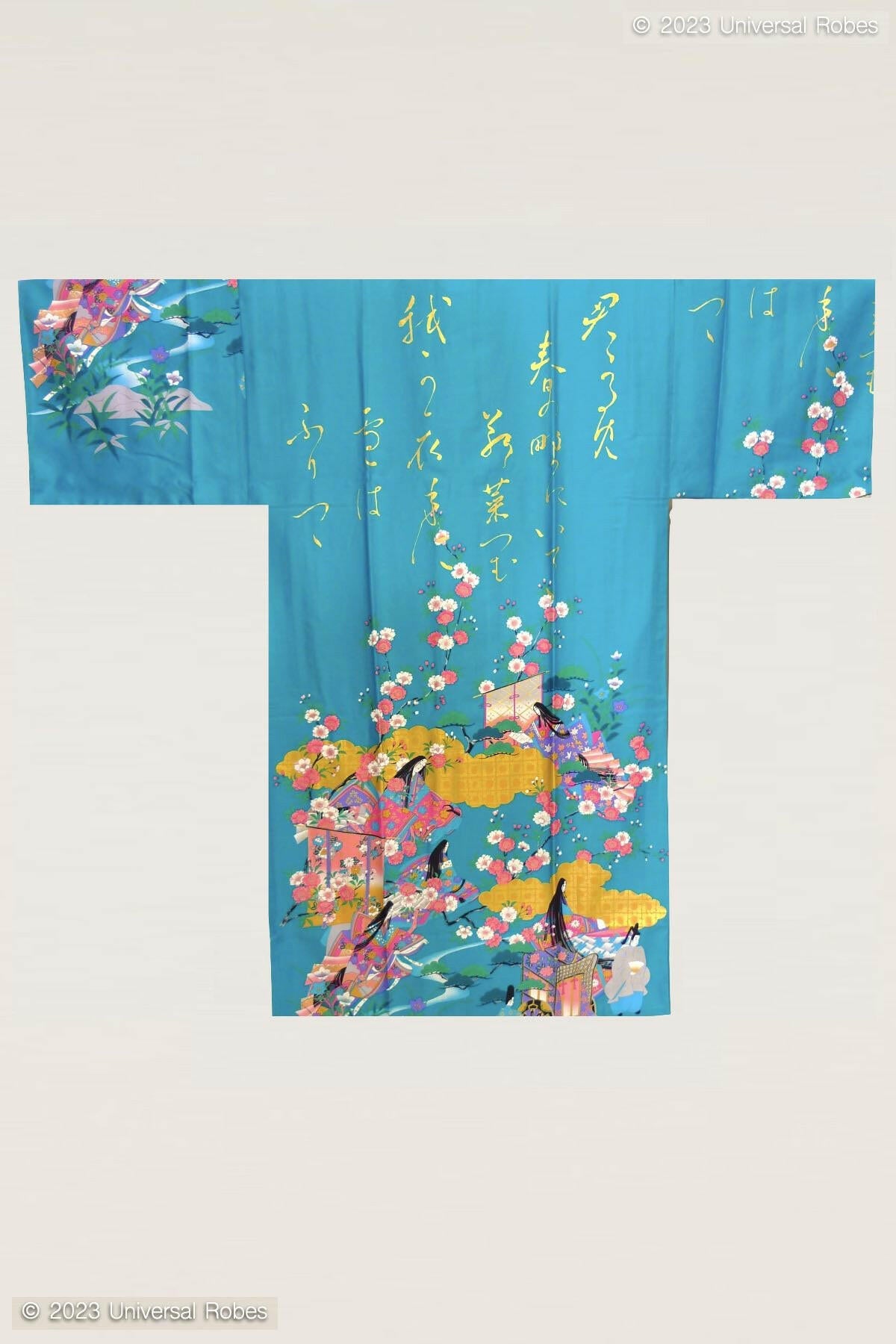 Women Gilt Poem & Princess Cotton Sateen Short Kimono Color Turquoise Product Whole View