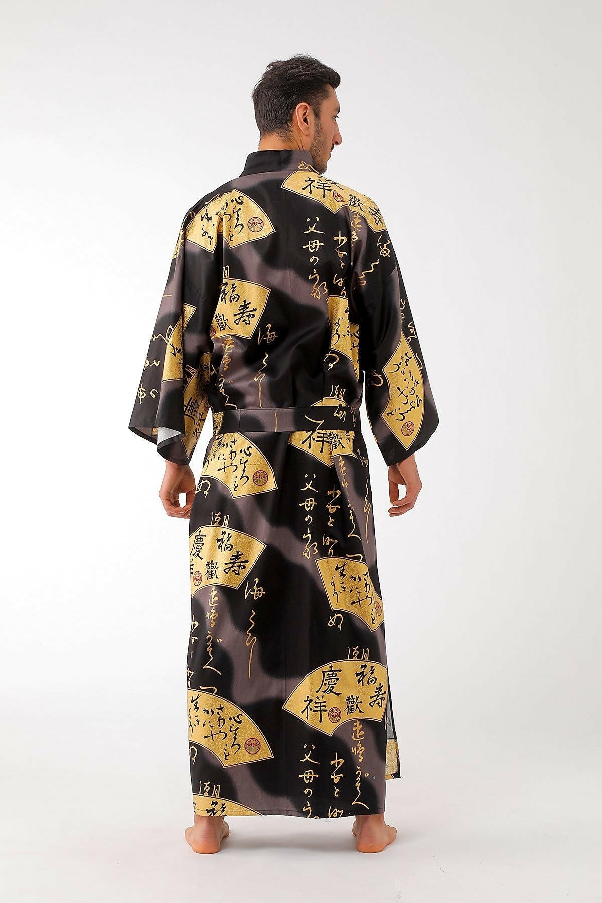 Men Golden Folding Fan Cotton Sateen Kimono Color Black Model Rear View