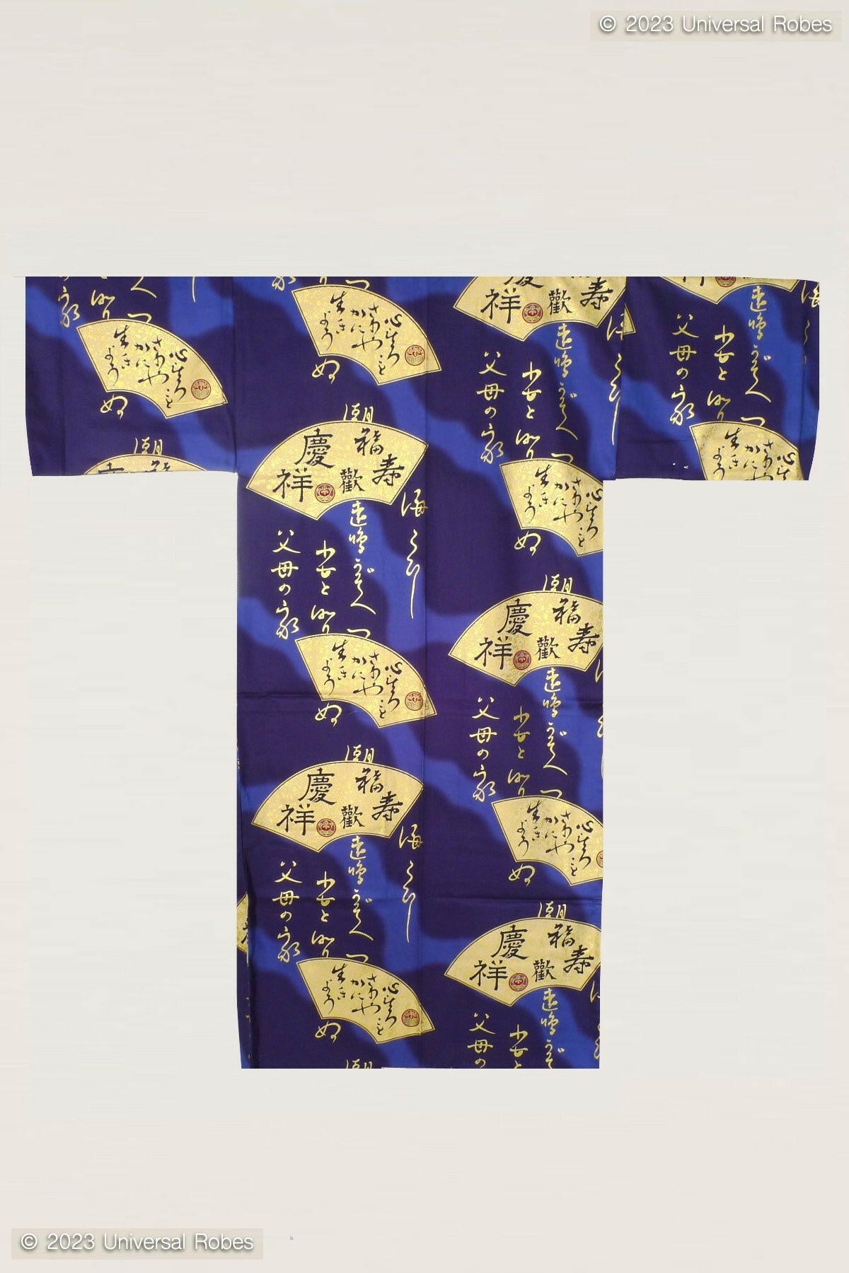 Men Golden Folding Fan Cotton Sateen Kimono Color Navy Product Whole View