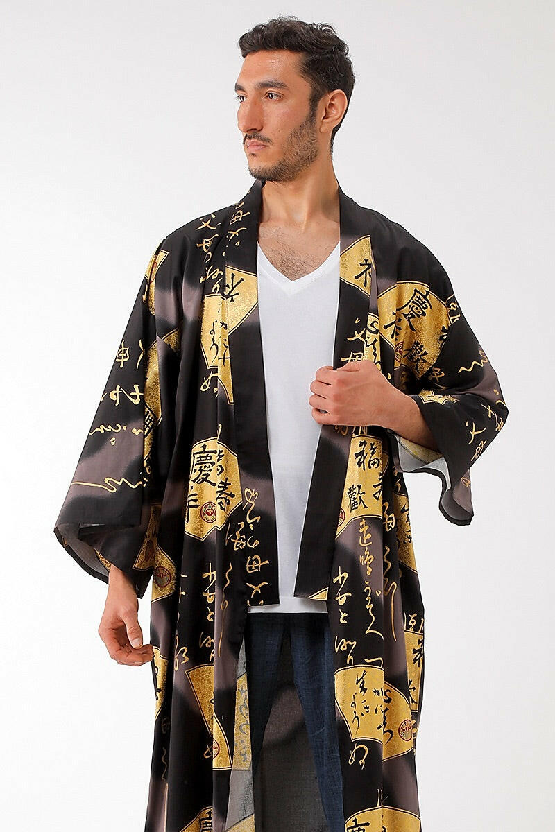 Men Golden Folding Fan Cotton Sateen Short Kimono Color Black Model Front No Belt View