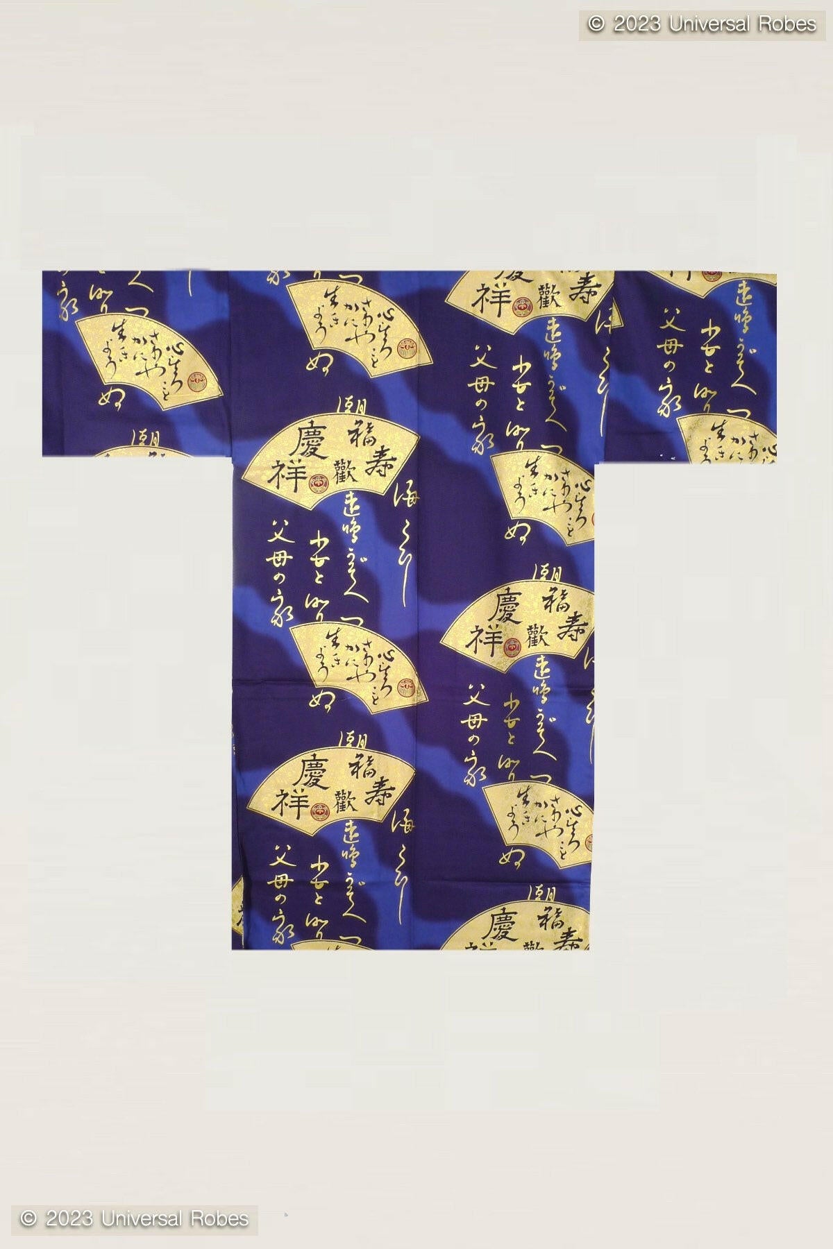 Men Golden Folding Fan Cotton Sateen Short Kimono Color Navy Product Whole View