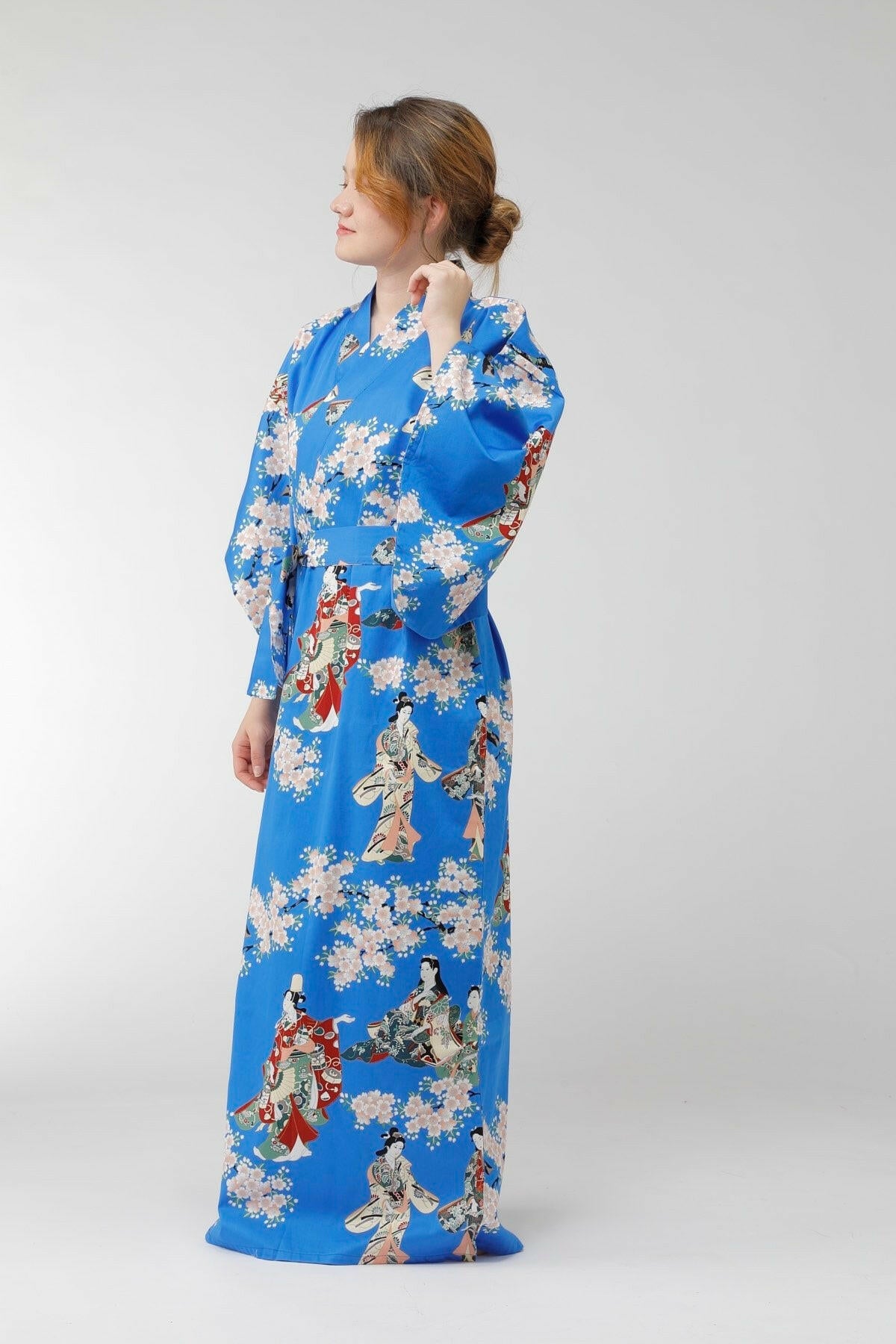 Women Flower Viewing Cotton Sateen Kimono Color Blue Model Side View