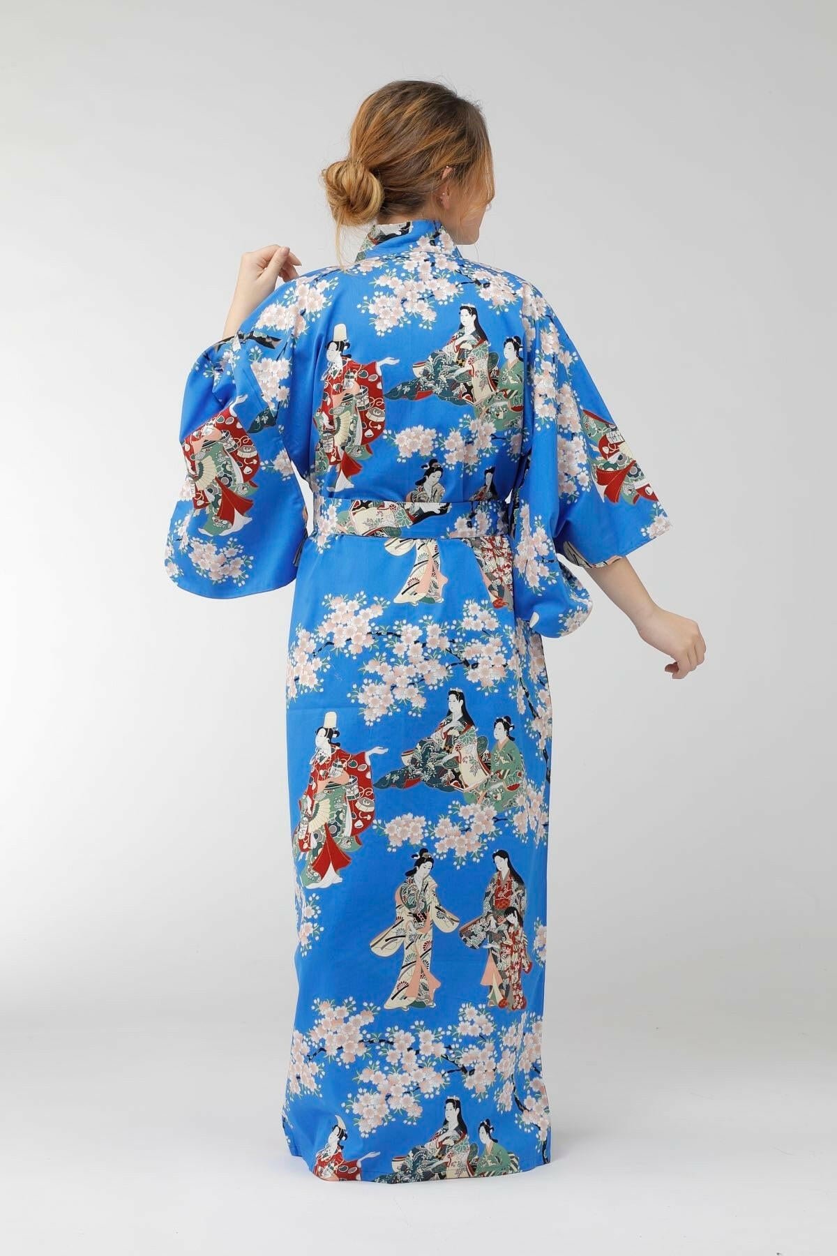 Women Flower Viewing Cotton Sateen Kimono Color Blue Model Rear View