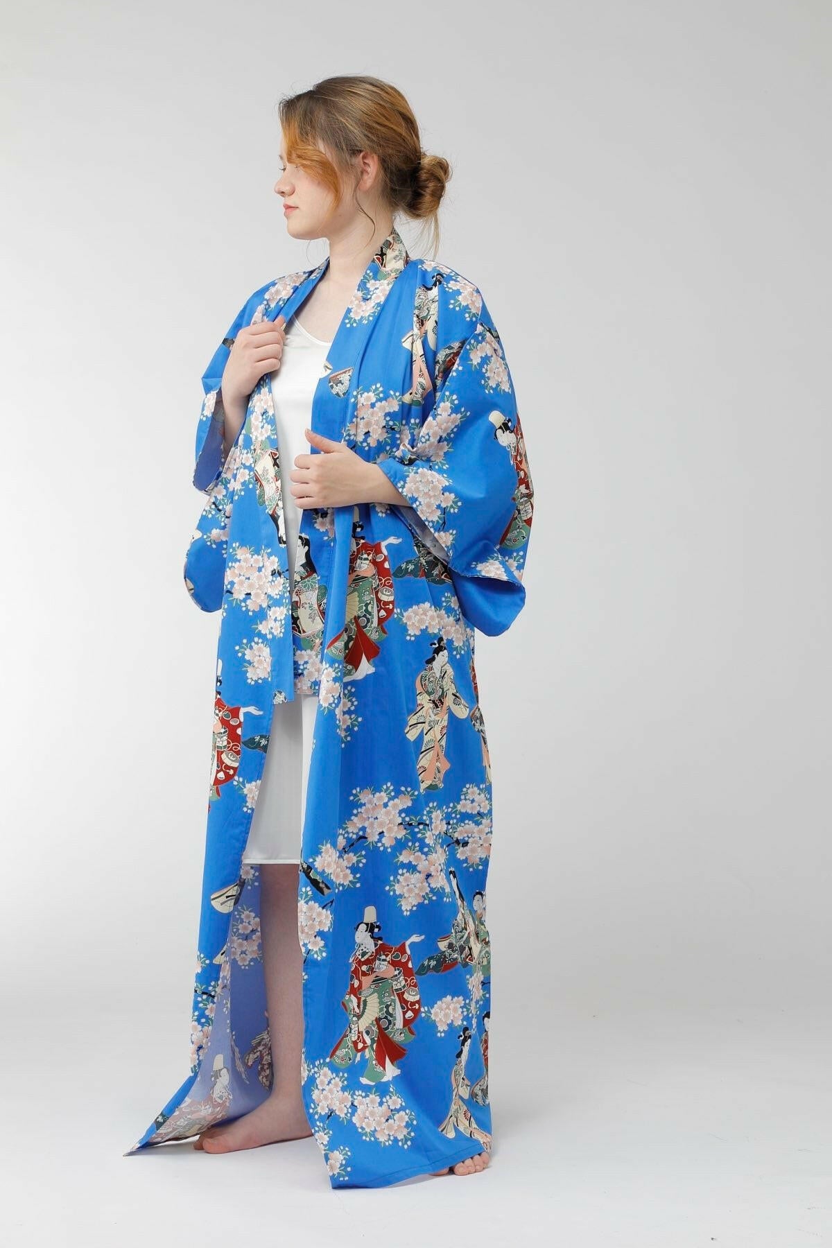 Women Flower Viewing Cotton Sateen Kimono Color Blue Model Front No Belt View