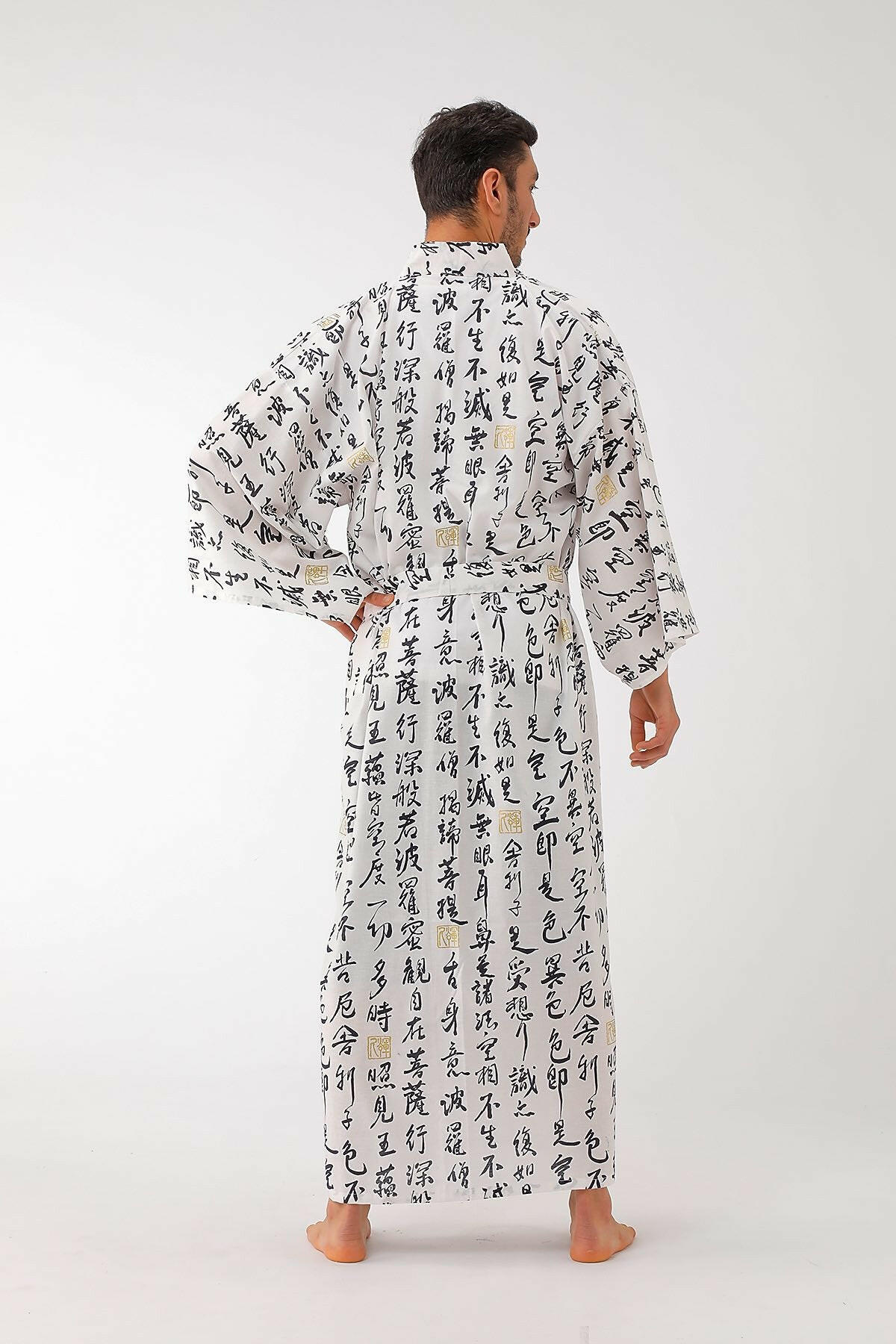 Men HANNYA Sutra Cotton Yukata Kimono Color White Model Rear View