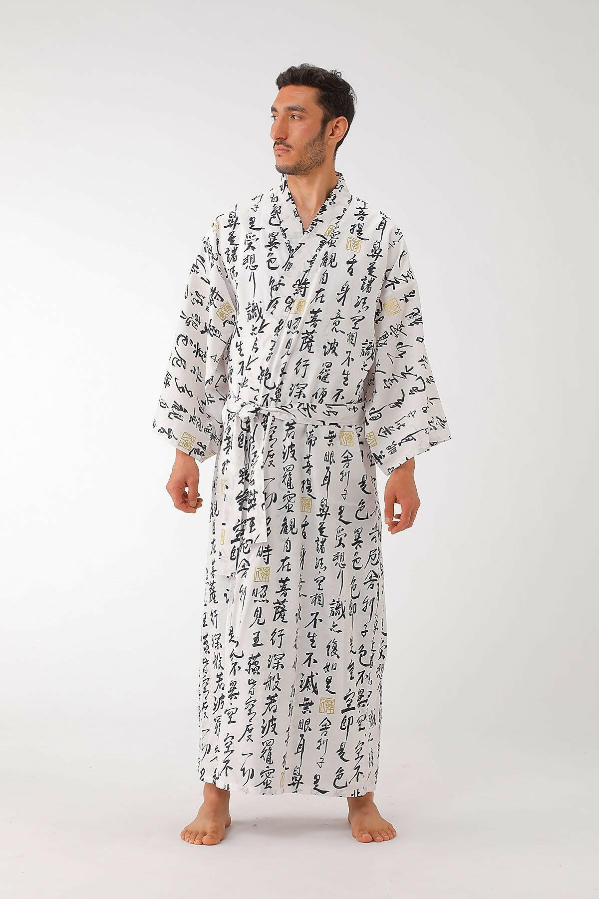 Men HANNYA Sutra Cotton Yukata Kimono Color White Model Front View