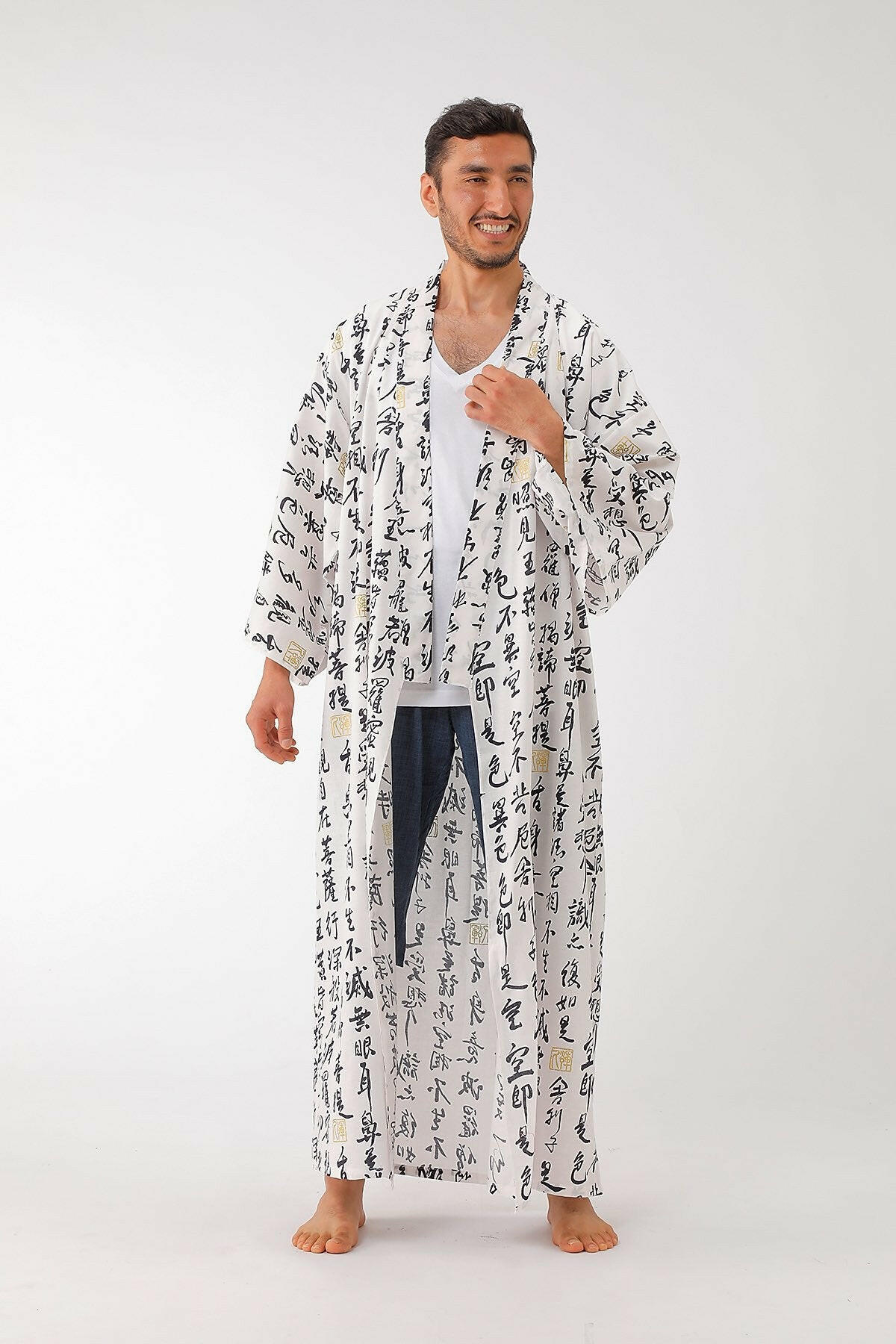 Men HANNYA Sutra Cotton Yukata Kimono Color White Model Front No Belt View