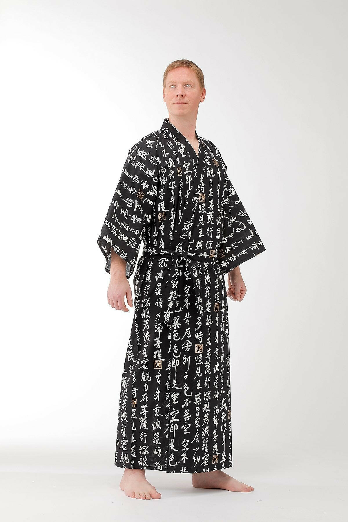 Men HANNYA Sutra Cotton Yukata Kimono Color Black Model Front View