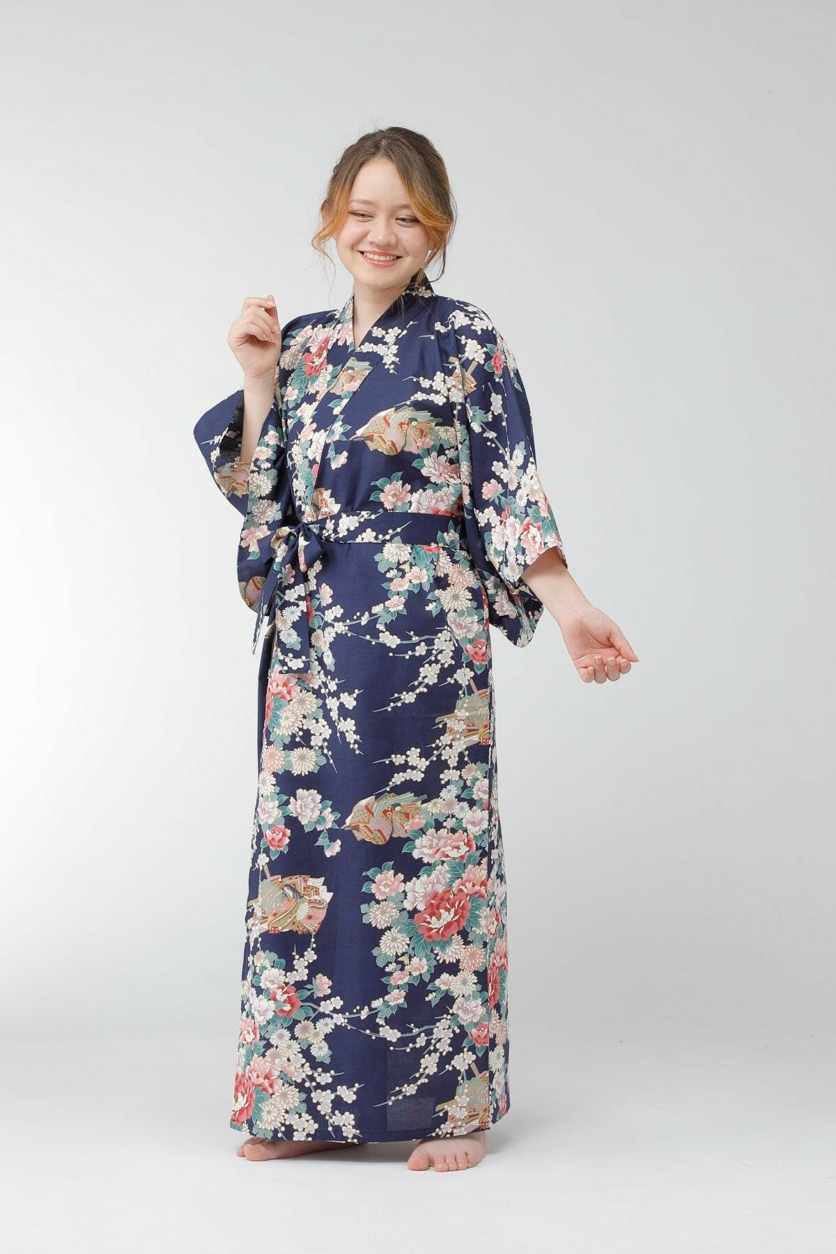 Women Princess & Peony Cotton Yukata Kimono Color Navy Model Front View