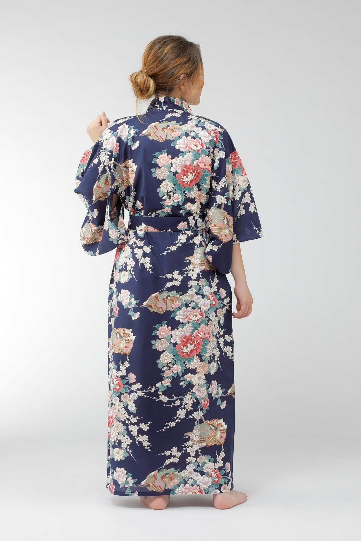 Women Princess & Peony Cotton Yukata Kimono Color Navy Model Rear View