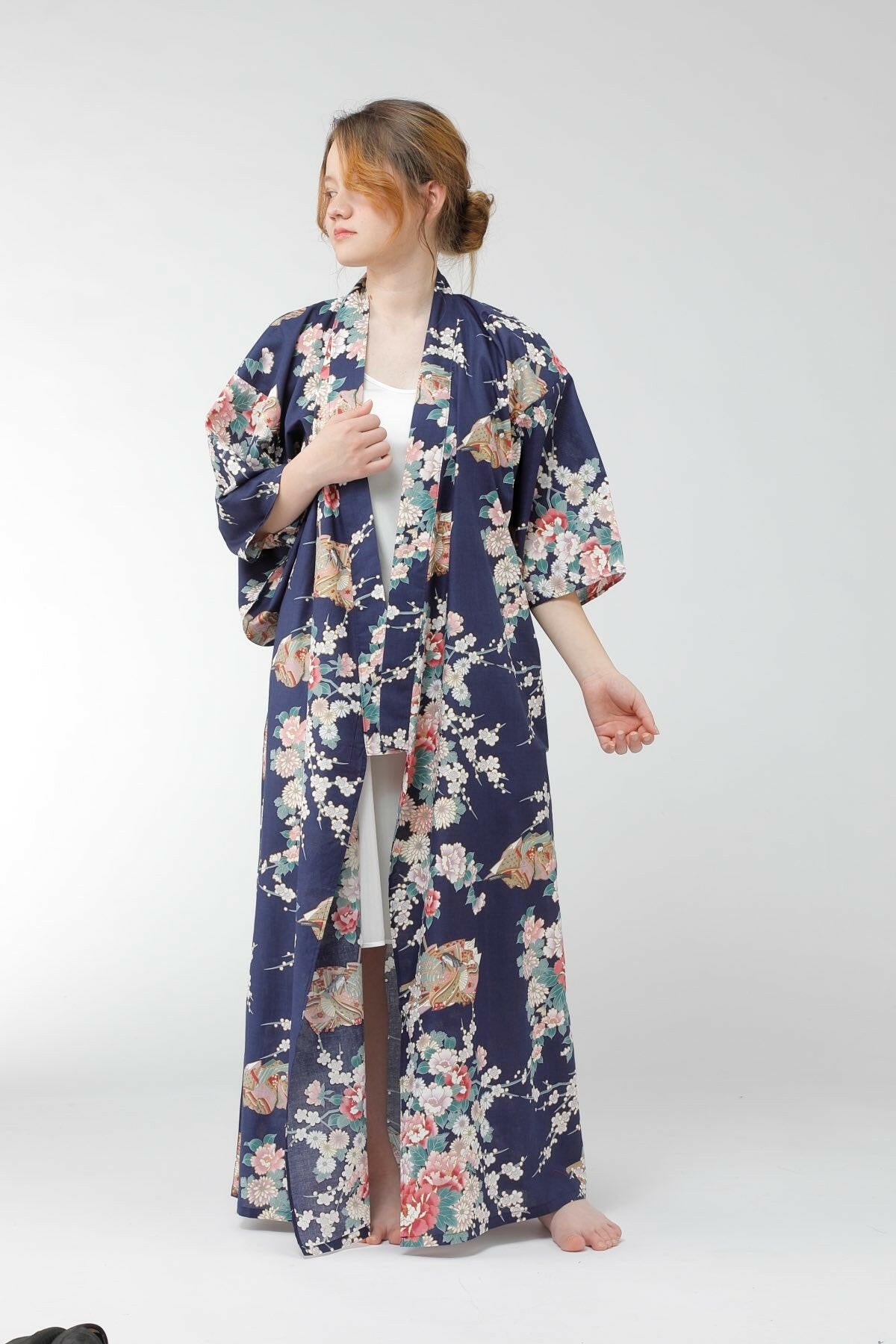 Women Princess & Peony Cotton Yukata Kimono Color Navy Model Front No Belt View